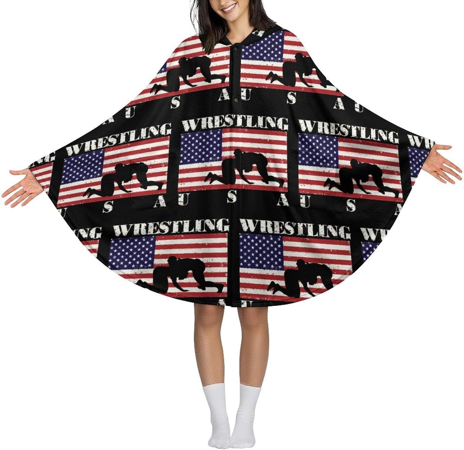 Wrestling U.S.A. Flag Wearable Blanket with Hooded Flannel Blankets Cape with Pocket