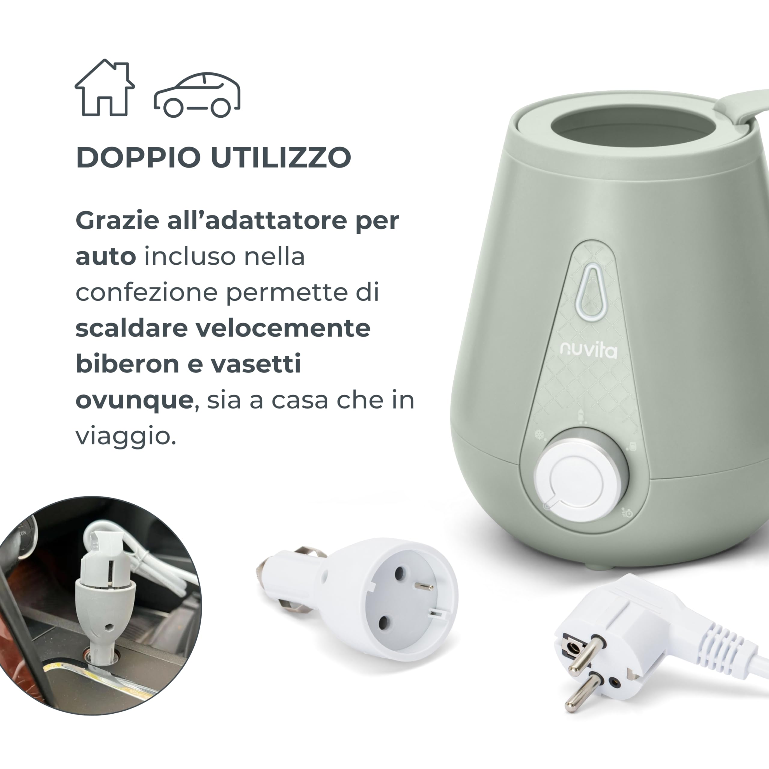 Nuvita 1165 | Scalda Biberon Neonato Casa e Auto | Scaldabiberon da Viaggio | Scaldabiberon Veloce | Scalda Latte Neonato | Scalda Pappa Neonato | Riscalda Alimenti - Sage Green