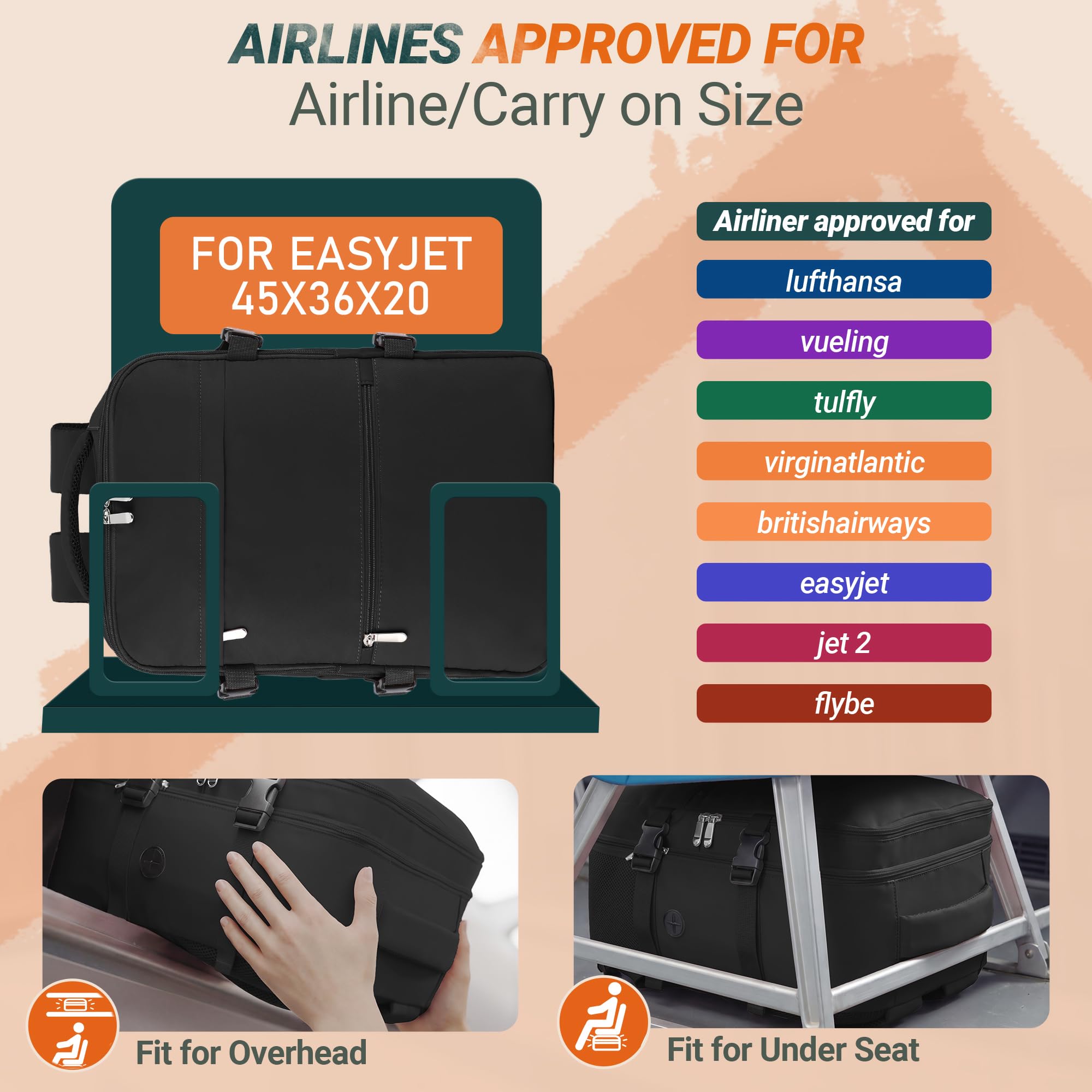 xlodea Sac a Dos Bagage Cabine 45x36x20 pour Easyjet Sac de Voyage Cabine Avion Bagage à Main Sac à Dos Imperméable Sac de Sport Femme Homme