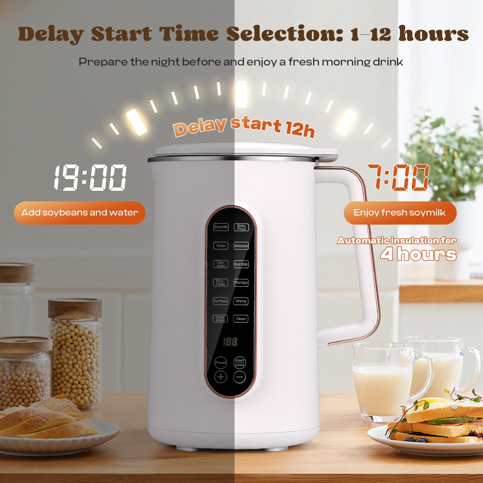 Moongiantgo 1,2L 8-in-1 Macchina per Latte Vegetale, Senza Filtraggio | Con 10 Lame, Avvio Ritardato 12h, Autopulizia e Mantenimento Caldo, Machine à Lait de Soja Multifunzione per Avena