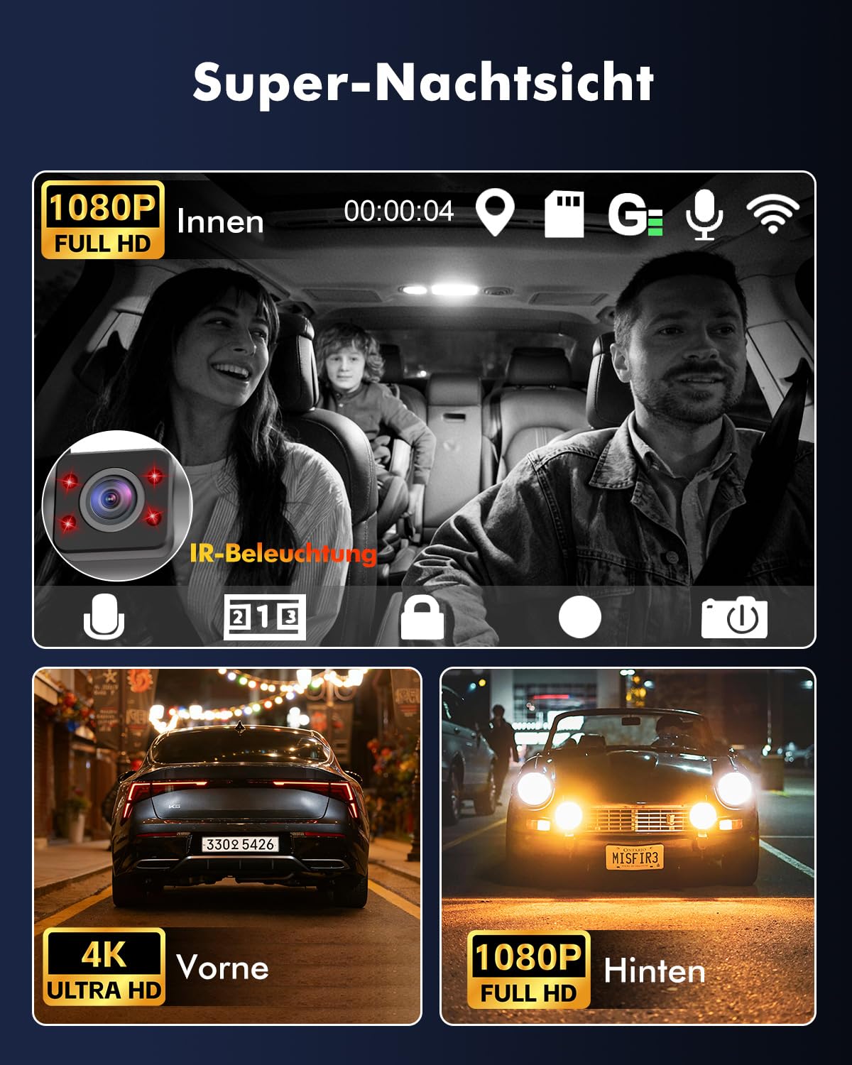 3 Kanal Dashcam Auto 4K UHD, GPS WiFi 6, 24H Parküberwachung, 64GB | 3-Wege Aufnahme vorne/innen/hinten, HDR Nachtsicht, G-Sensor, Loop-Aufnahme, ideal für Alltag und Berufsfahrer