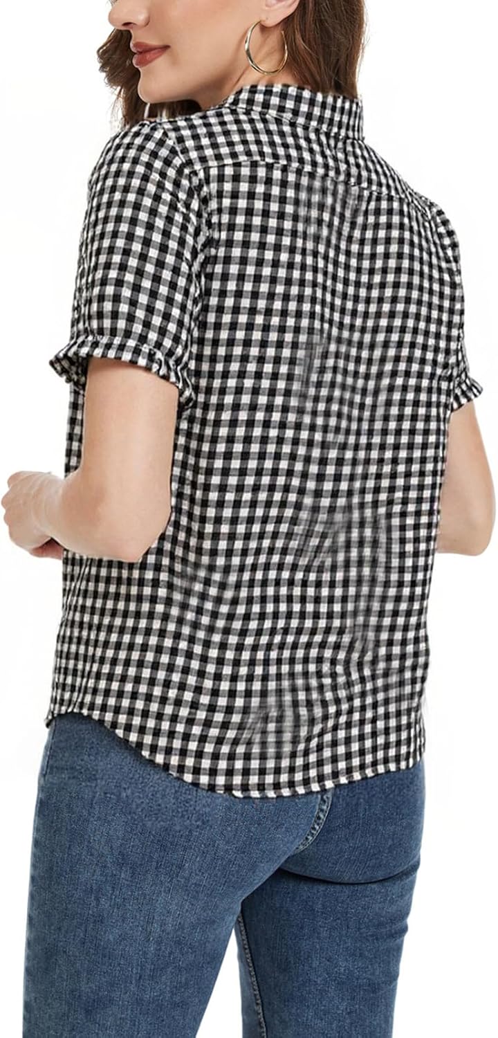 MINTLIMIT Women's Gingham Blouse 2025 Plaid Top Short Sleeve Button Down Peter Pan Collar Shirt - Image 3