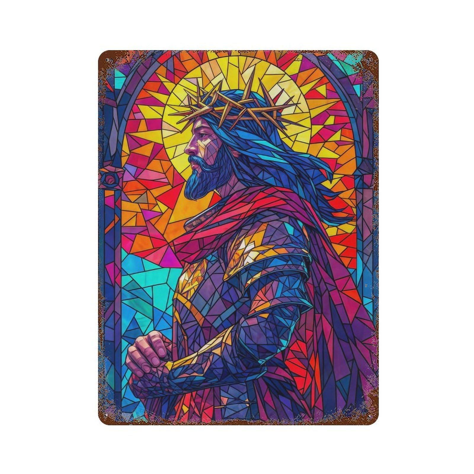 Sacred Stained Glass Aged Metal Wall Plaque 15.7"x11.8", for Garage, Bar And Workshop Decor, Farmhouse Wall Decor