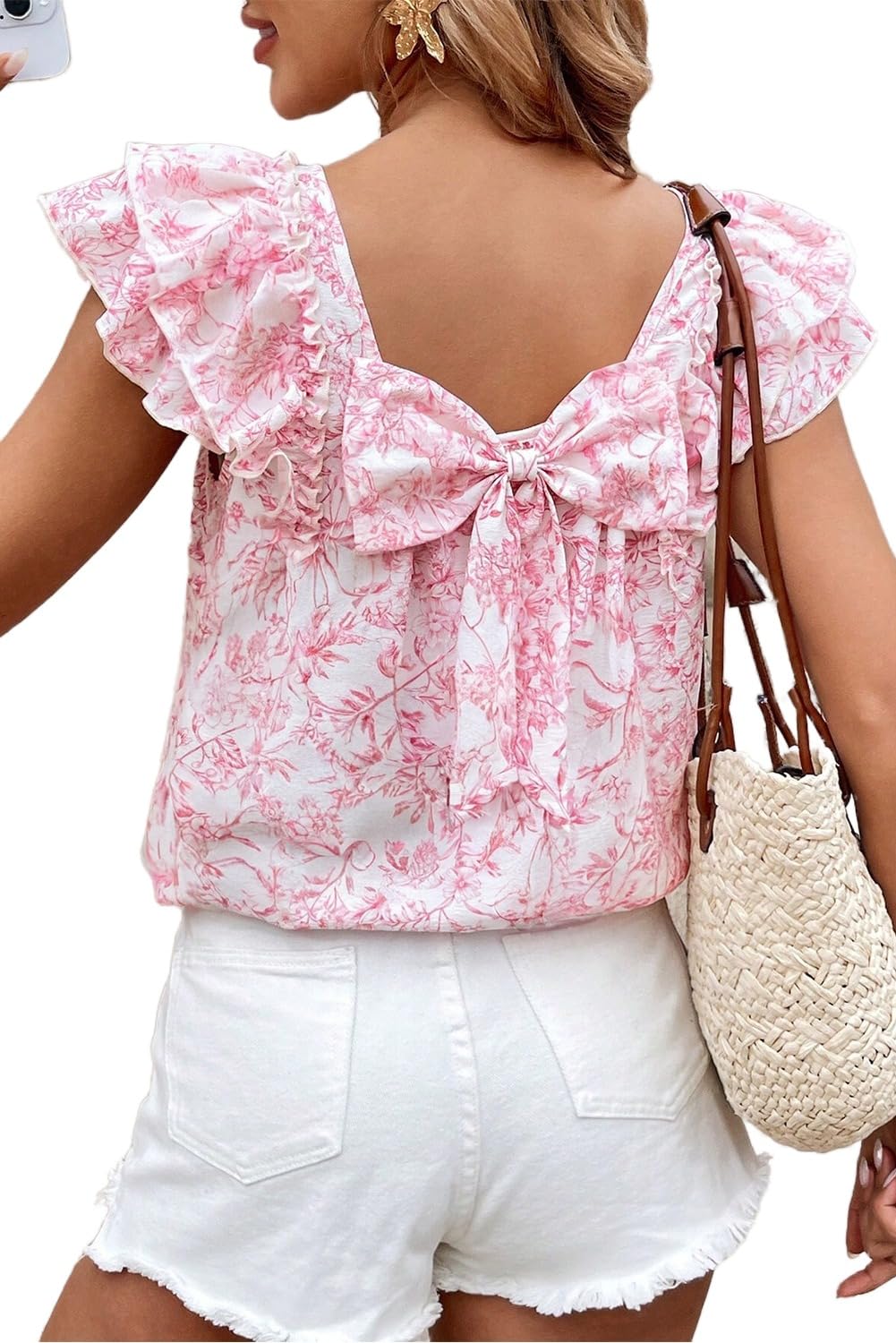 Apvirdy Women Floral Ruffle Short Sleeve Bow Shirts Summer Elegant Square Neck Layered Ladies Tops and Blouses