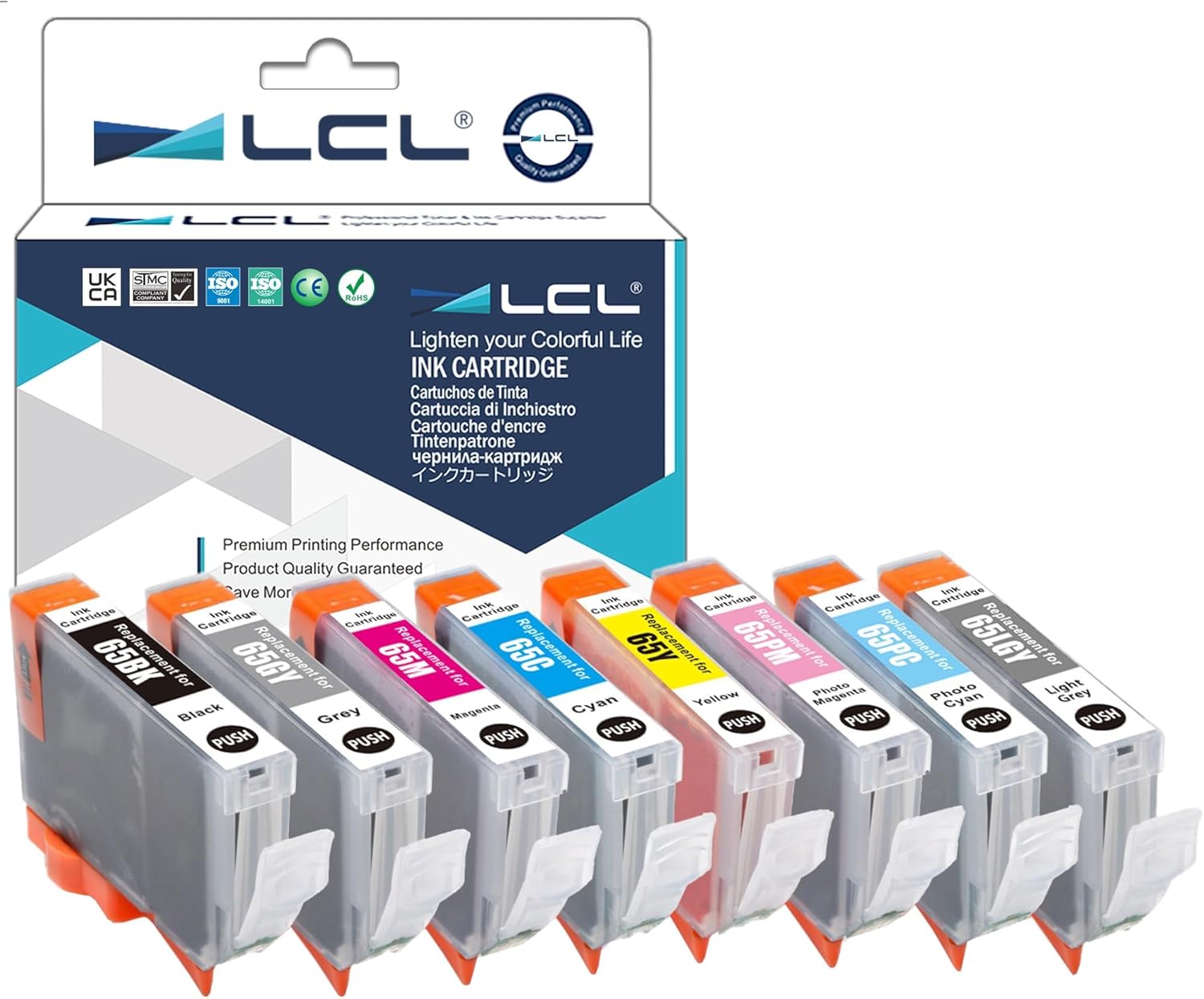 LCL Compatible Ink Cartridge Pigment Replacement for Canon CLI-65 CLI65 PIXMA PRO-200 PRO-200S (8-Pack BK C M Y PC PM GY LGY)