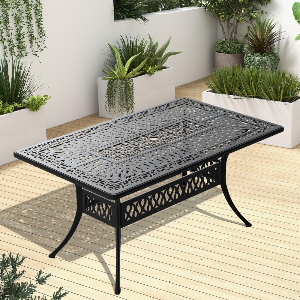 All-Weather Cast Aluminum Outdoor Dining Set with Swivel Chairs and Rectangular Table for Patio, Deck or Garden (Black + Aluminium + Garden & Outdoor)