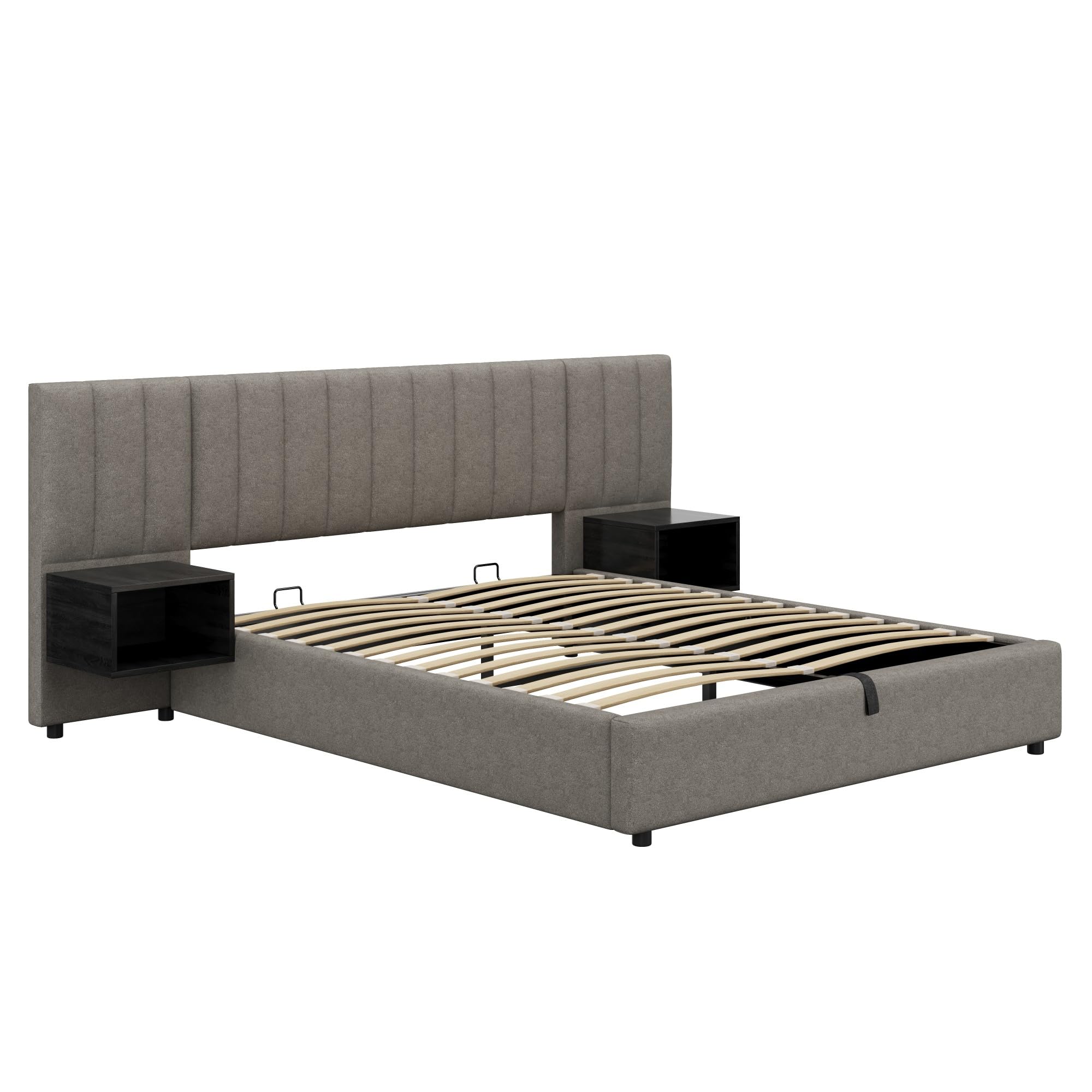 Cama acolchada de 160 x 200 cm, cama hidráulica de patas anchas, cama de matrimonio con dos mesitas de noche con contenedor, somier de láminas de madera, lino, apto para adultos y jóvenes, gris
