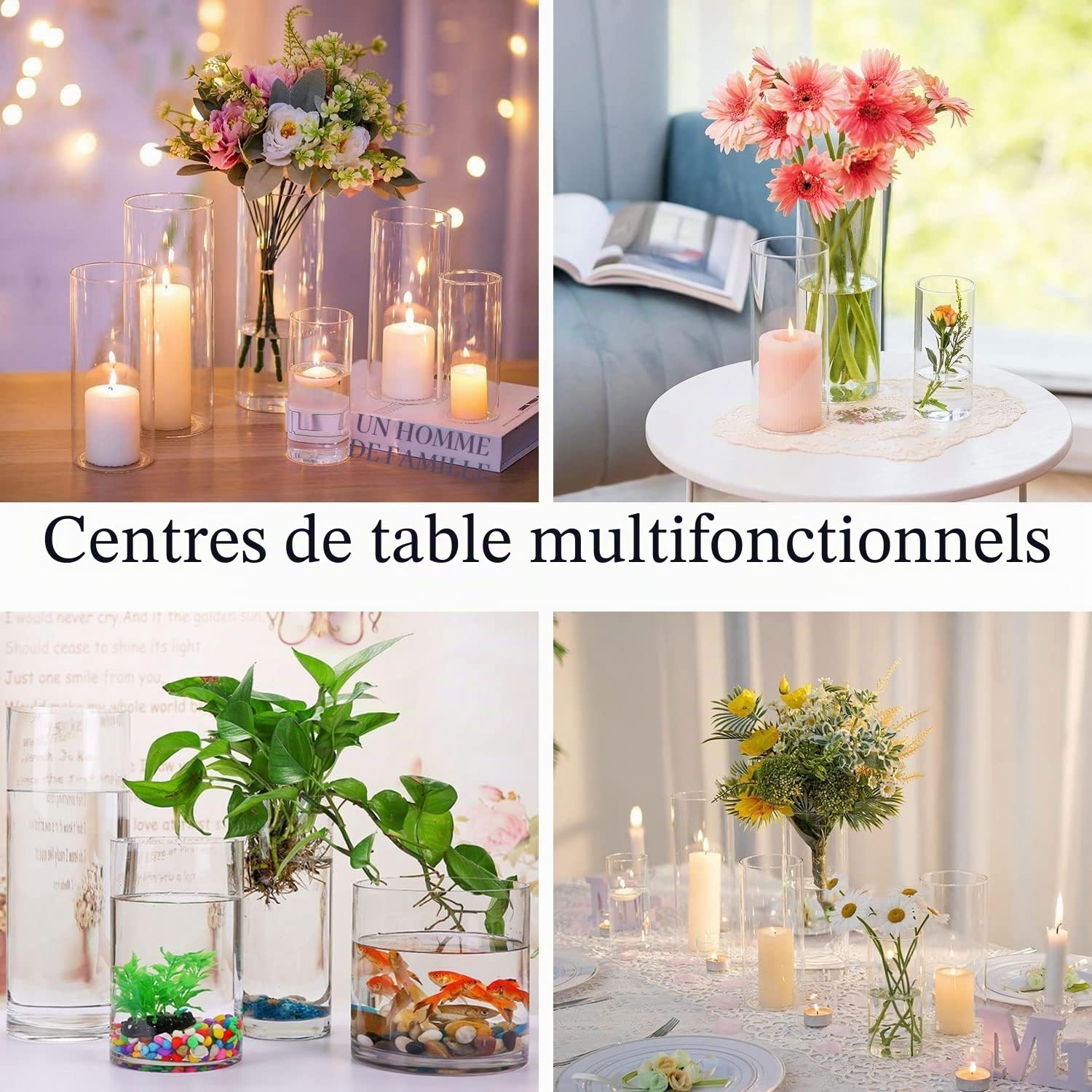 Vase cylindrique en verre transparent 40 cm x 15 cm extra large vase en cristal épais pour arrangements floraux pour centres de table, salon, cuisine, bureau, mariage