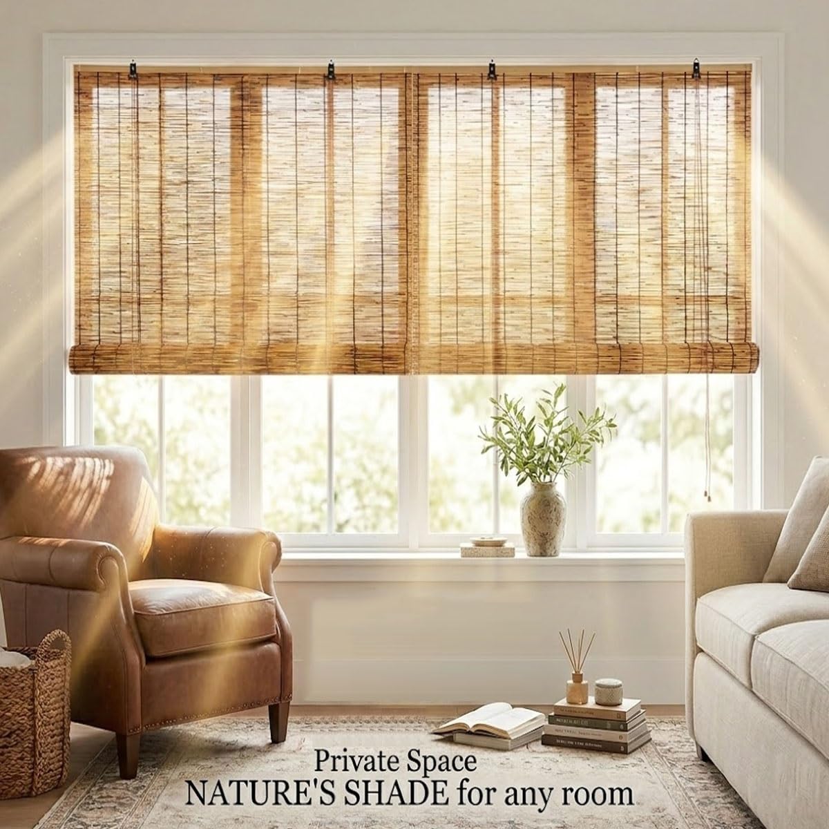 Bambusrollo außenrollo wetterfest Outdoor Bambus Rollo für Tür extra breit Fenster Sonnenschutz Sichtschutz natürlich Jalousine(85W x 240H cm)