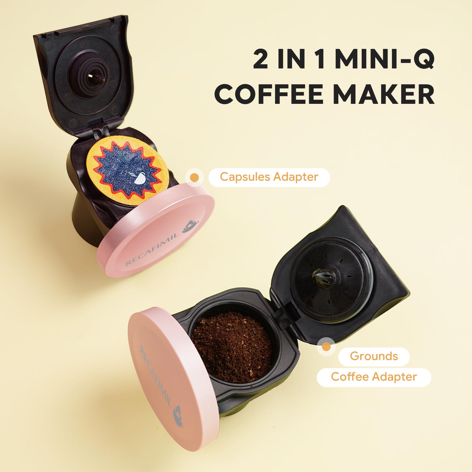 RECAFIMIL Mini Q - Macchina da caffè 2 in 1 monodose per preparare K-Cups o caffè macinato (113-226,8 g), macchina da caffè americano, compatta, con filtro riutilizzabile (rosa)