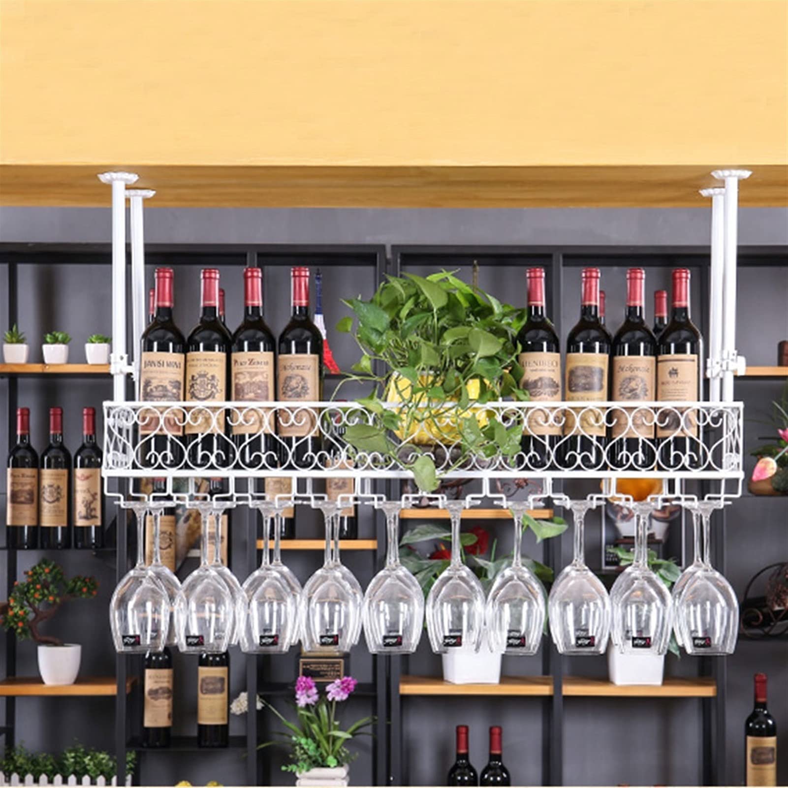 Casier à vin de plafond en fer forgé industriel pour verres suspendus