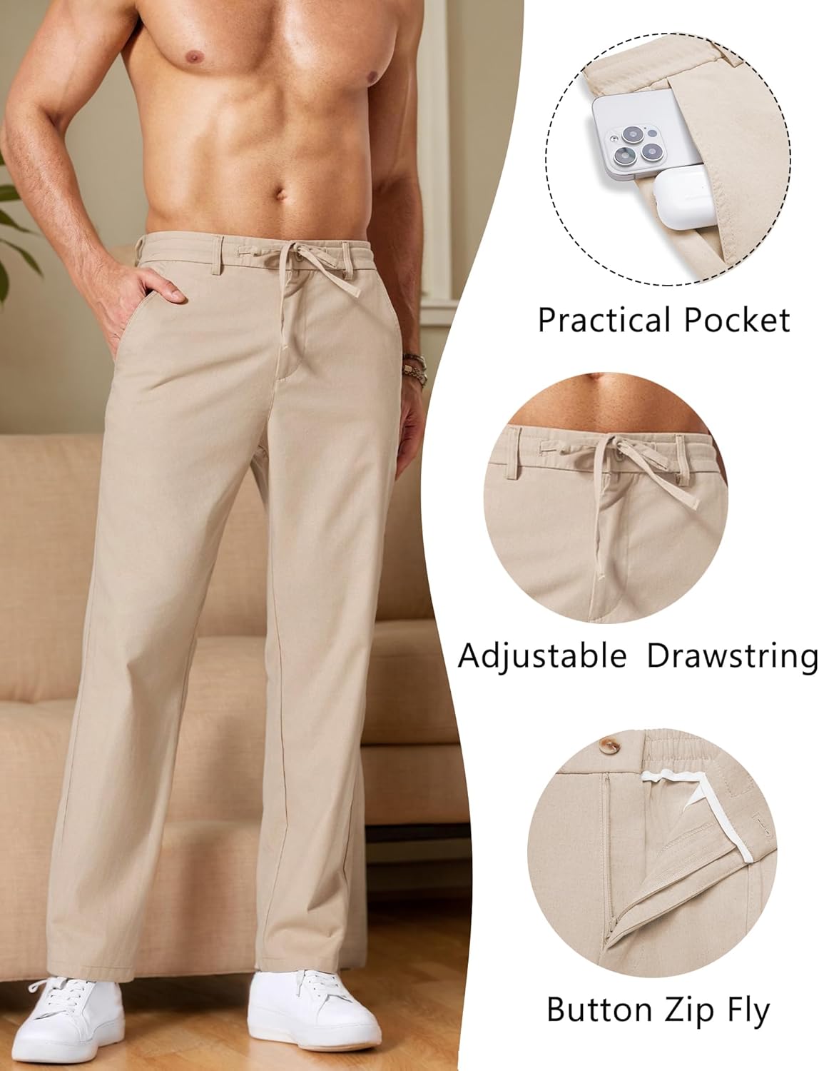 COOFANDY Men's Cotton Linen Pants Casual Drawstring Dress Pants Beach Summer Lightweight Trousers - Image 5