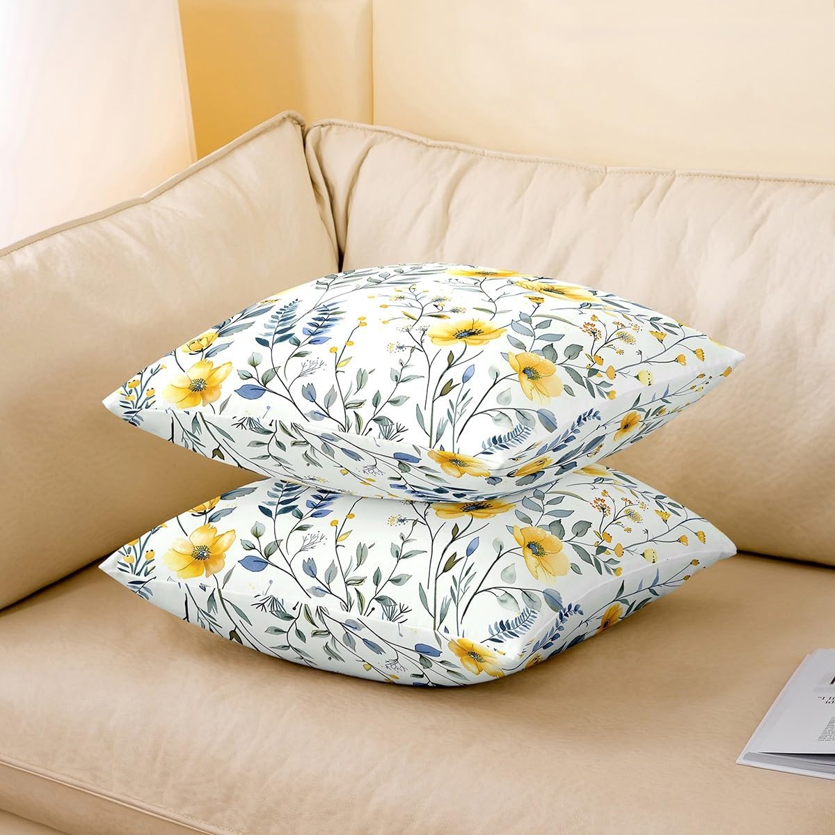 Feelyou Yellow Floral Square Cushion Covers Set of 2, Gift for Women Throw Pillow Covers Garden Flower Pillow Covers Botanical Cushion Covers for Couch Sofa Girls Bedroom Decor 24 x 24-Inch