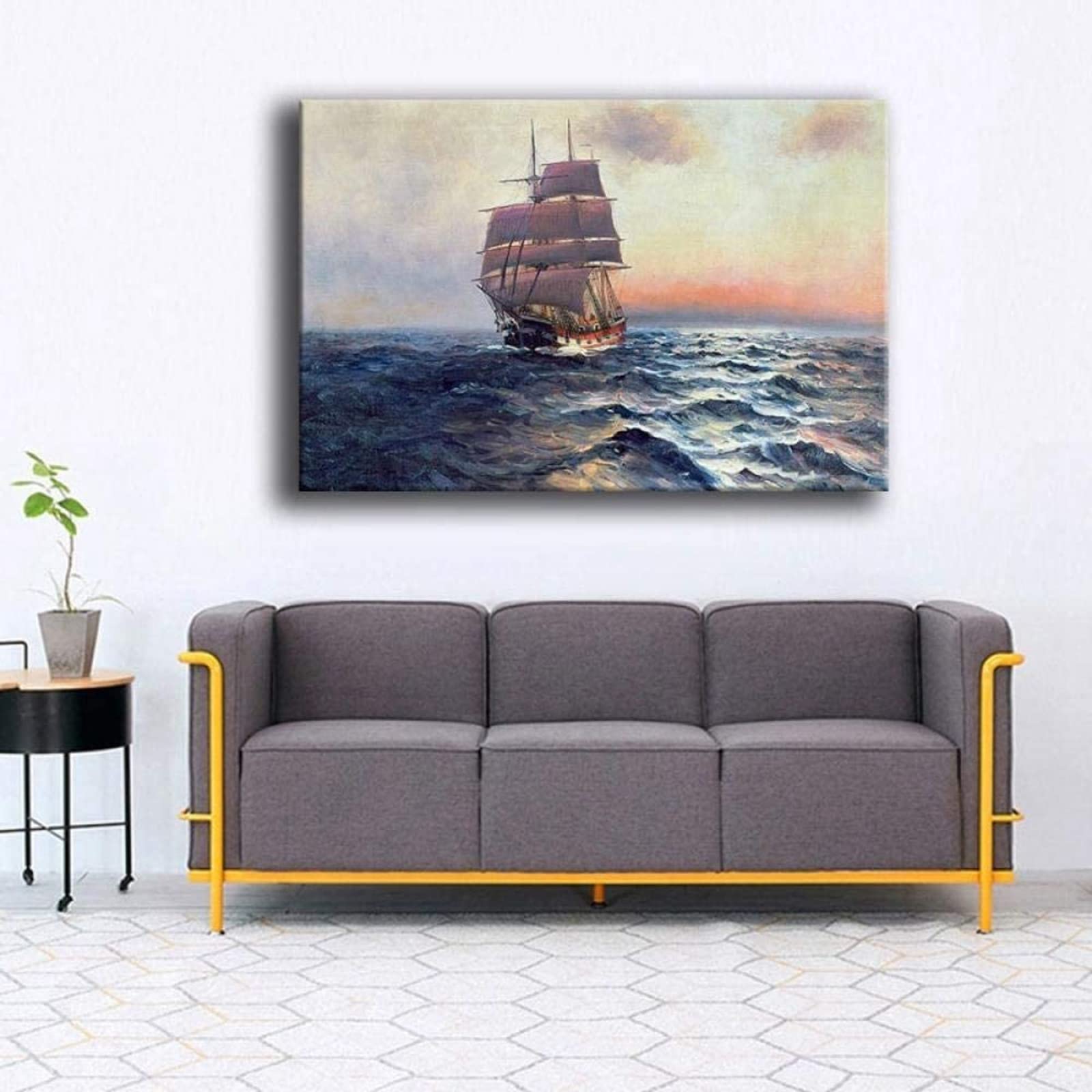 Tableau Toile Voilier Sur Mer - Impression Minimaliste Bleue, 80x120 Cm, Sans Cadre, Décoration Murale Salon Chambre