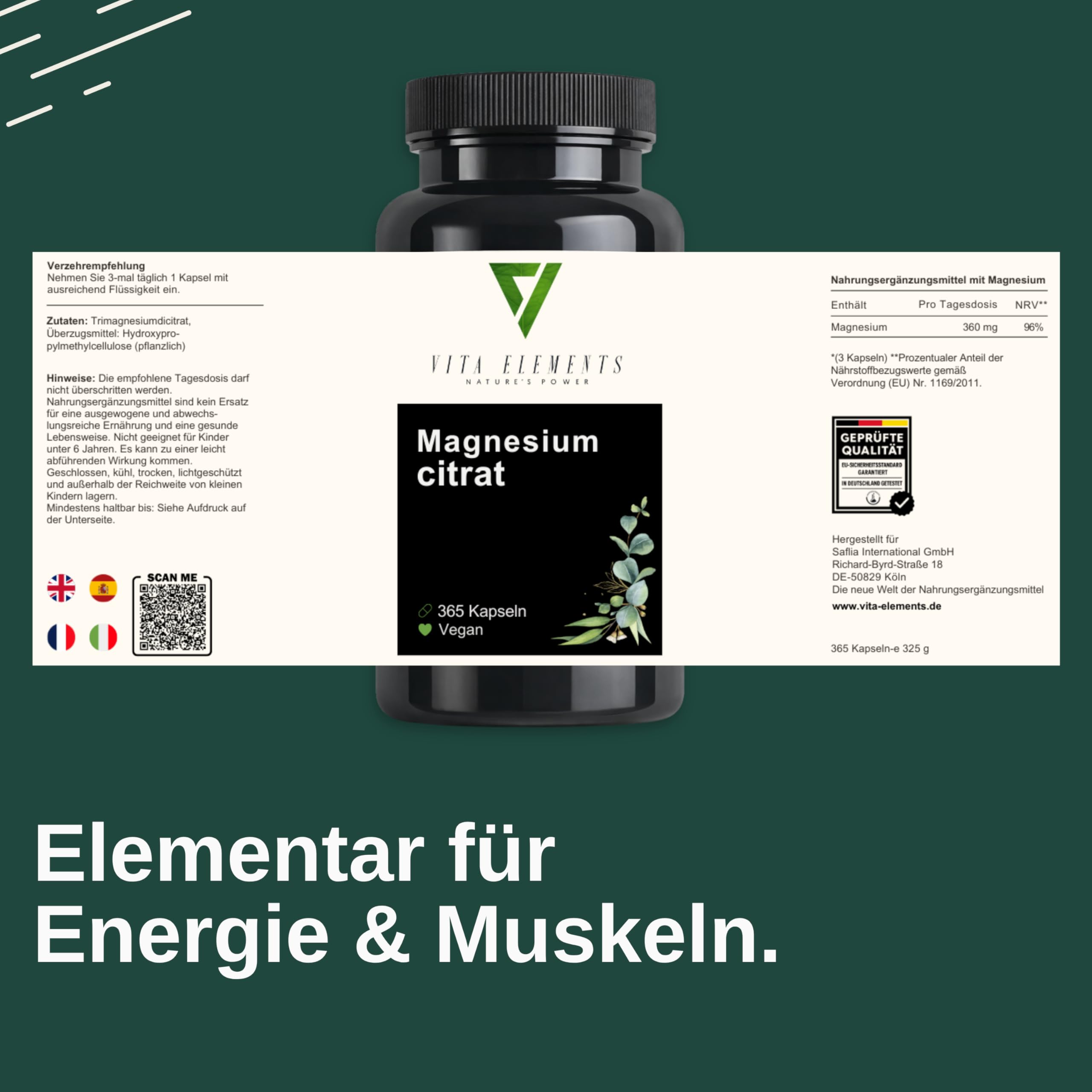 Vita Elements Premium Magnesiumcitrat - 365 Kapseln - 360mg elementares Magnesium - 4 Monate Vorrat - Laborgeprüft - Vegan - Ohne Zusätze – Hochdosiert