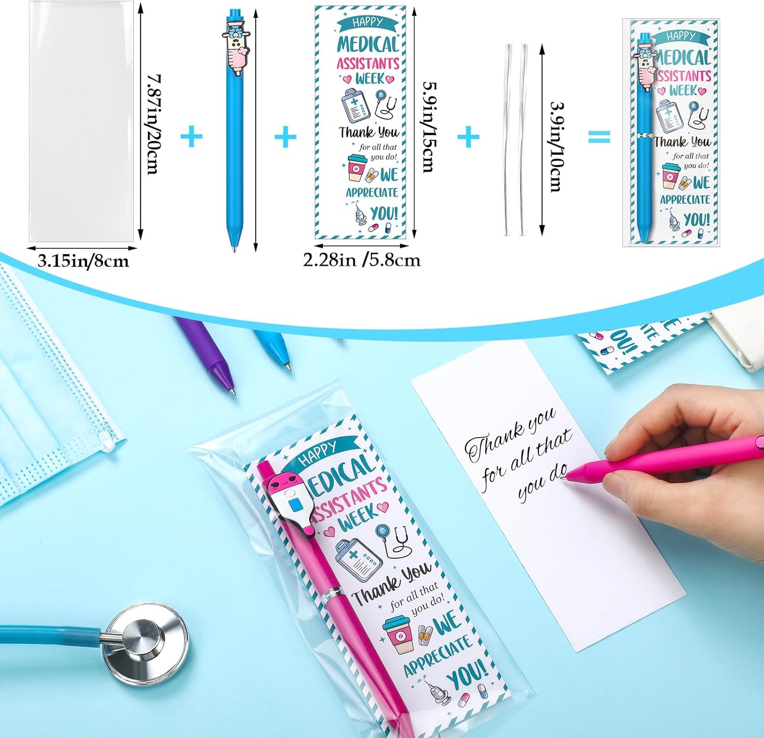 Gersoniel 50 Sets Medical Assistants Recognition Day Gifts Bulk 2026 Ma Week Appreciation Cute Medical Themed Cartoon Ballpoint Pens with Thank You Cards for Ma Recognition Day Healthcare Worker