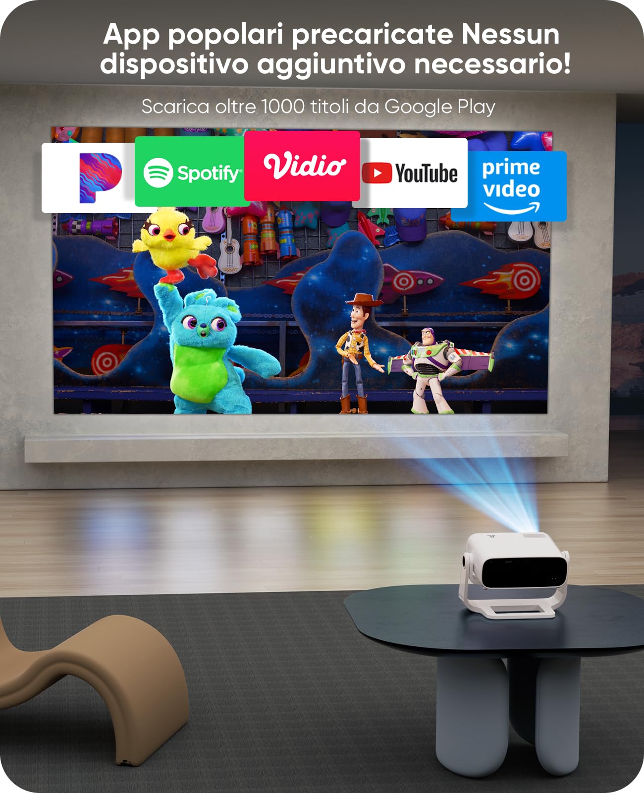 Proiettore intelligente Wielio Android 11, Supporto FHD 1080P 4K, 650 ANSI, WiFi6 & BT5.2, Basso Rumore (<30 dB), Supporto Regolabile a 120°, Correzione Trapezoidale, per Android/iOS/Switch/PS5