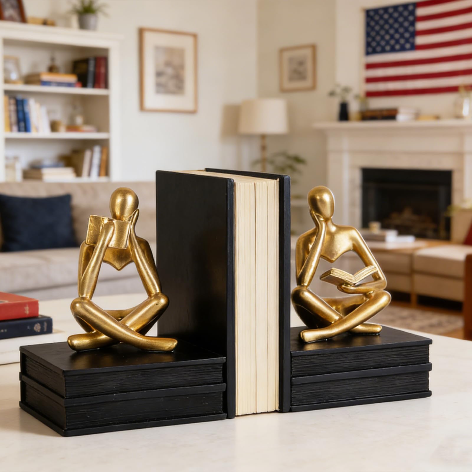 Reading Thinker - Fermalibri a forma di statua per mensole, fermalibri decorativi per amanti dei libri, fermalibri unici per casa, ufficio e decorazione per scaffali