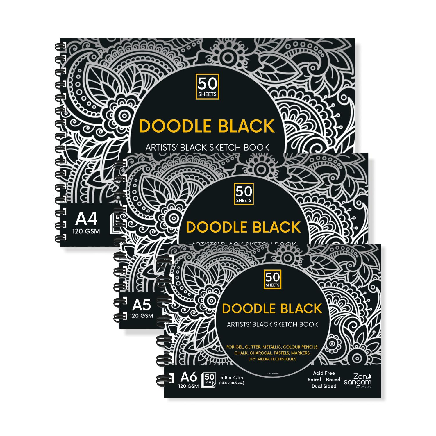 Zen Sangam Artists’ Spiral 120 GSM Black Paper Sketchbook - Landscape - Smooth Surface - Offer Set1 - A4,A5,A6 (150 Sheets) for Color Pencils,Fineliners,Crayons,Oil Pastels,Wax Crayons,Charcoal