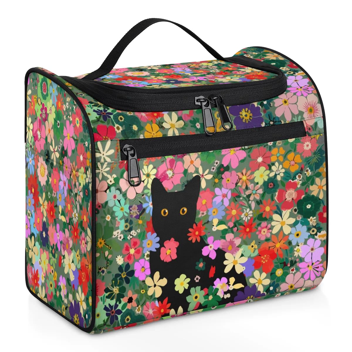 OMFUNS Cat Flower Aesthetic Hanging Toiletry Bag Wash Makeup Bag for Women Girls Colorful Floral Travel Cosmetics Bag Shaving Bag Organizer Kit for