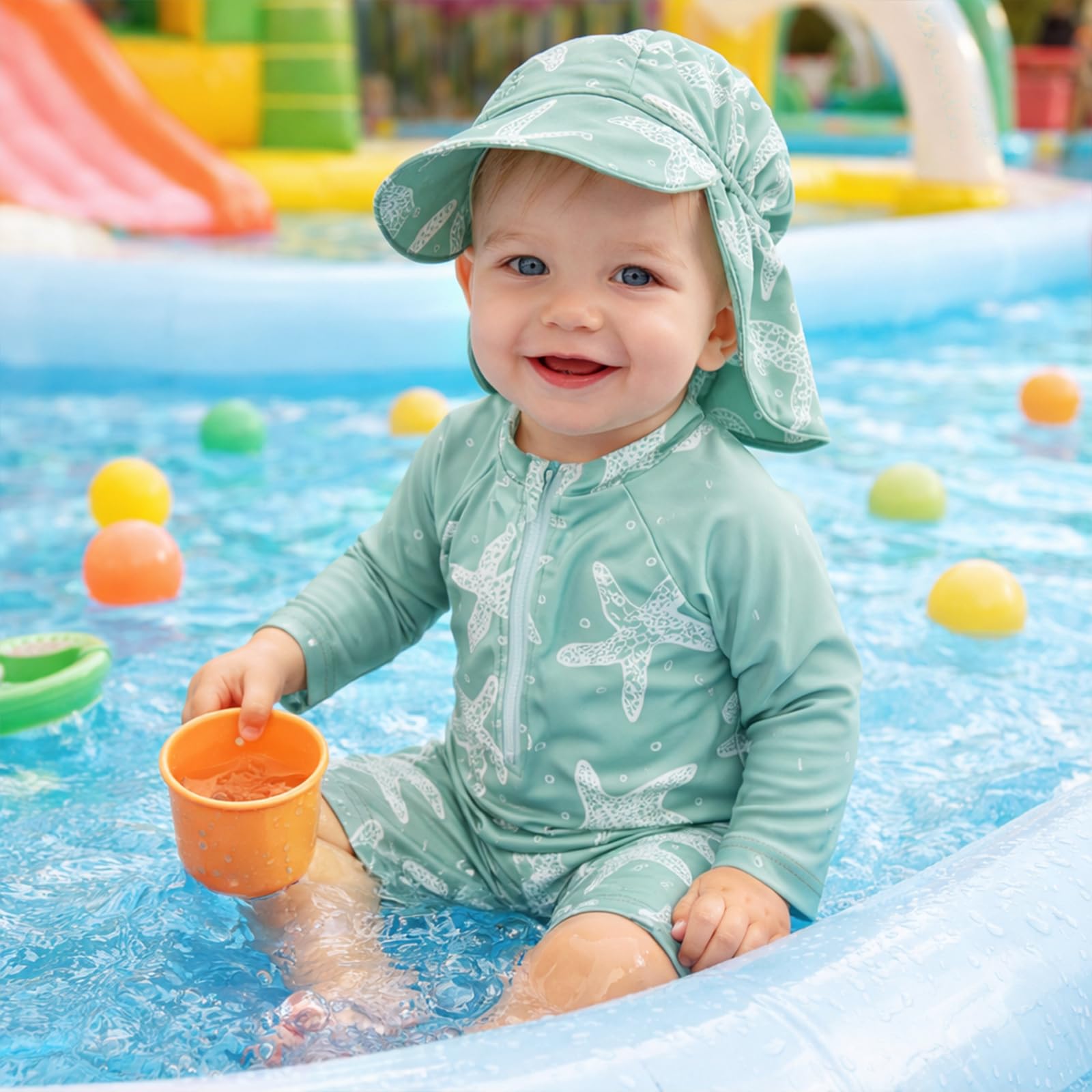 Baby Badeanzug Junge Einteiliger Badebekleidung UV Schutz Schwimmanzug Langarm mit Sonnenhut
