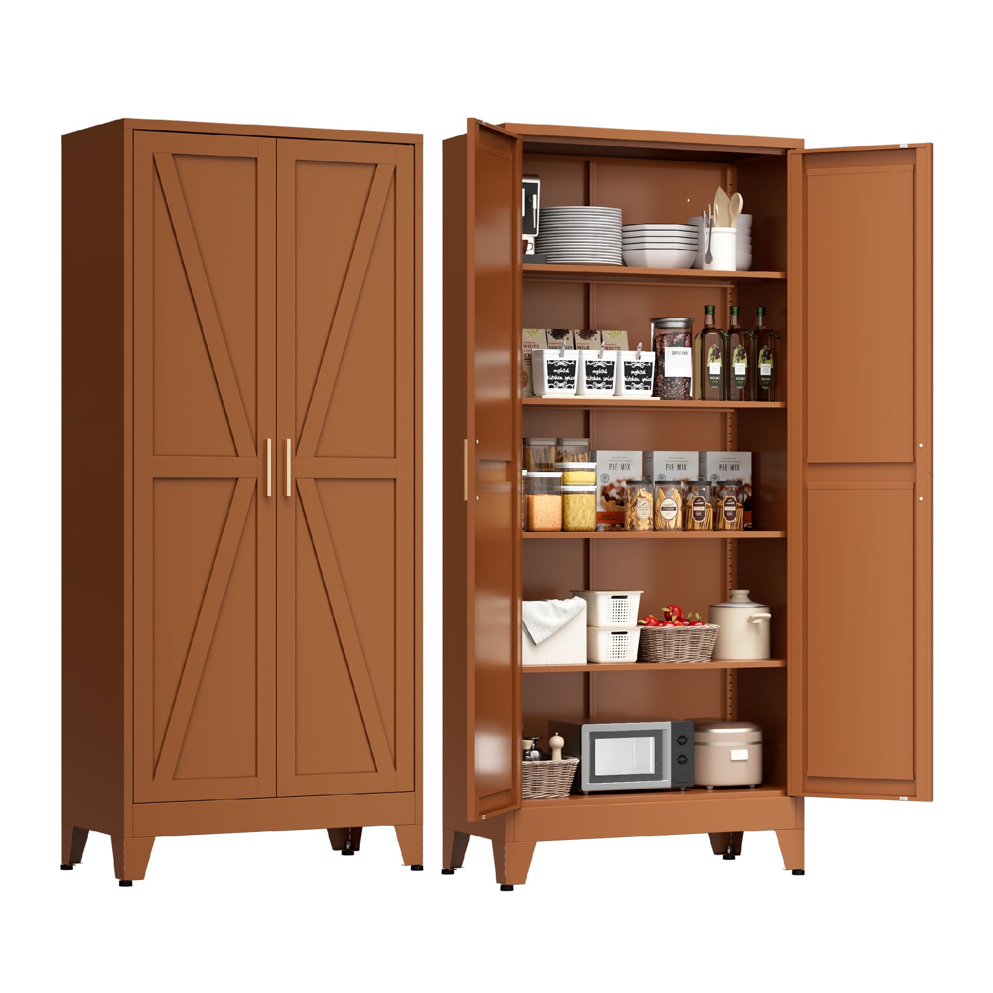 LCAOPC 71" Tall Metal Storage Cabinet with 2 Doors and 4 Adjustable Shelves, 5-Tier Kitchen Pantry Storage Cabinet for Kitchen, Living Room, Dining Room and Office, Brown