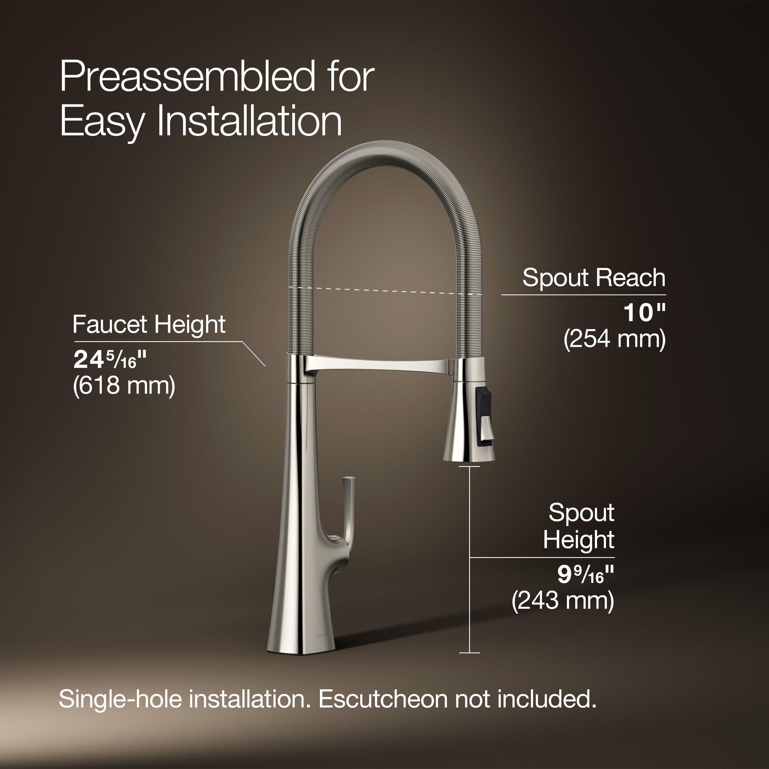 Kohler 22060-SN Graze Commercial, grifo de fregadero de cocina semiprofesional de 3 funciones alto con pulverizador extraíble, níquel pulido vibrante