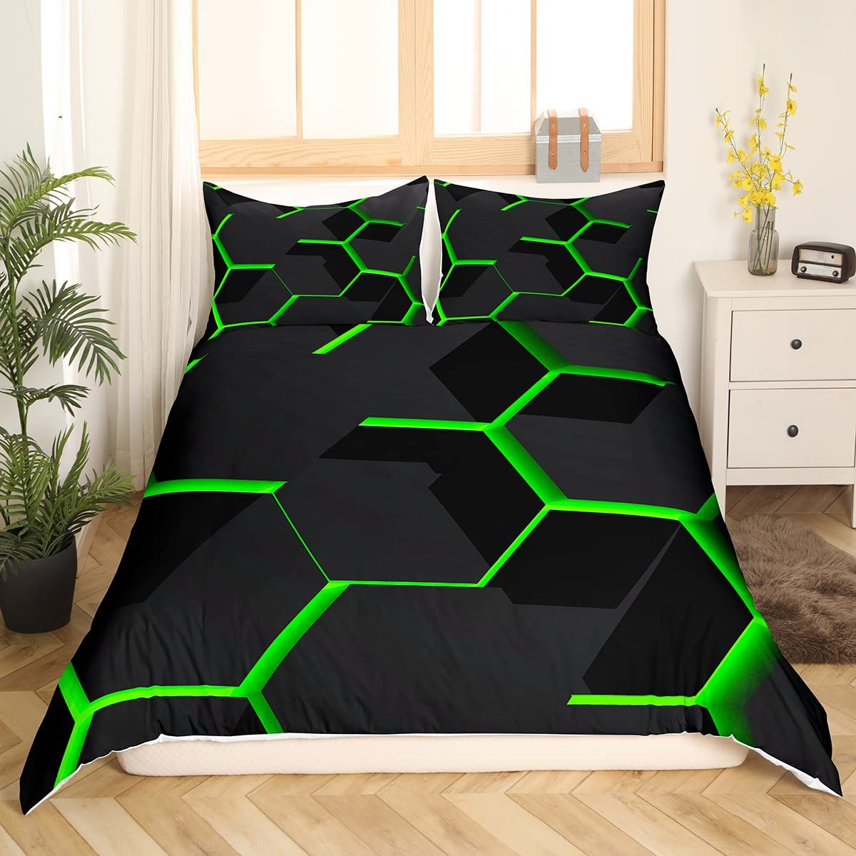 Homemissing King Geometric Honeycomb Duvet Cover Fluorescence Green Hexagon Comforter Cover Beehive Hexagon Bedding Set Geometrical Bedspread Beehive Decor Quilt Cover 3Pcs - Image 3