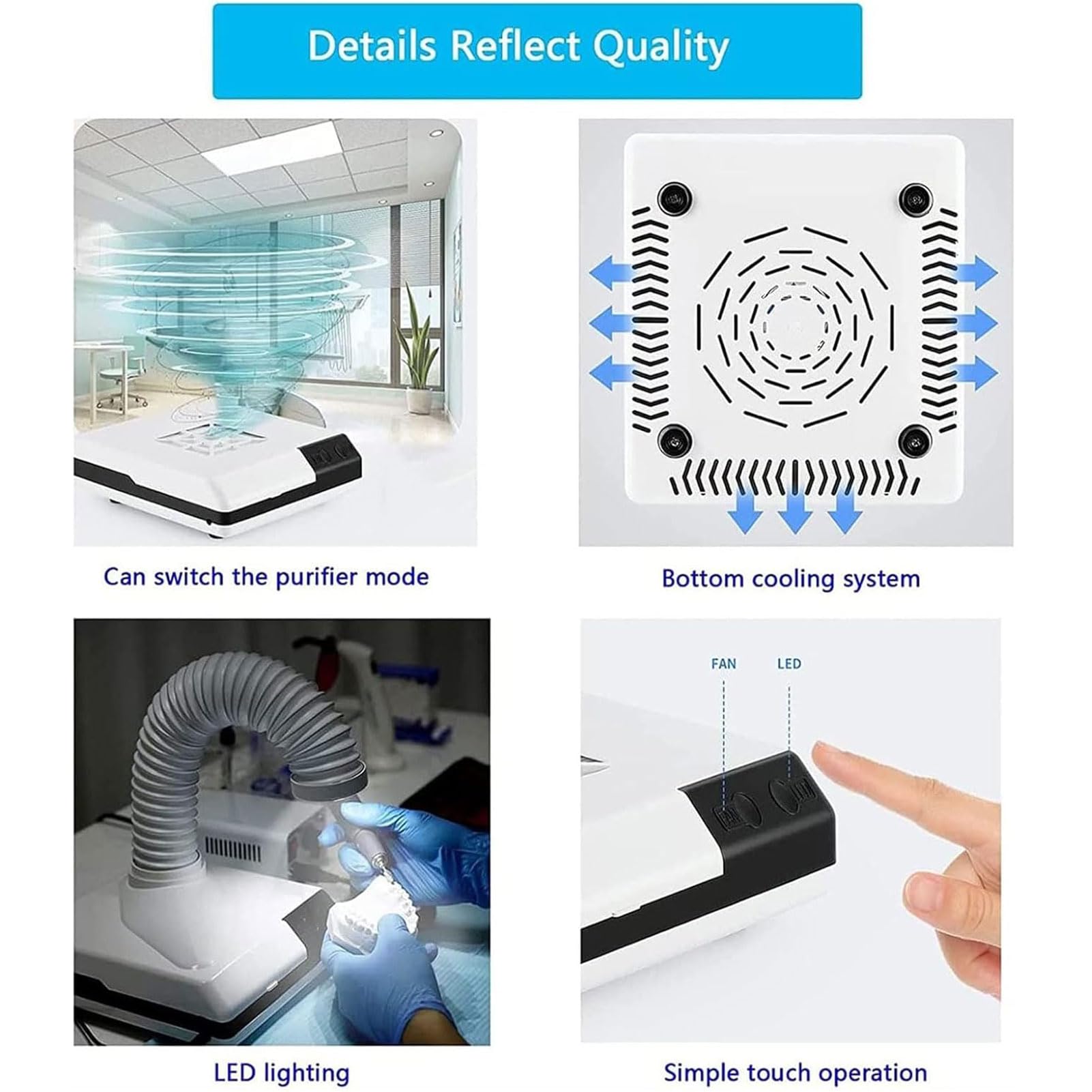 Aspiratore per Unghie per Laboratorio Odontotecnico, Aspirapolvere Portatile Potente a LED Collettore di Polveri da Tavolo, Ventola/Tubo Telescopico, per Laboratorio Ddentistico