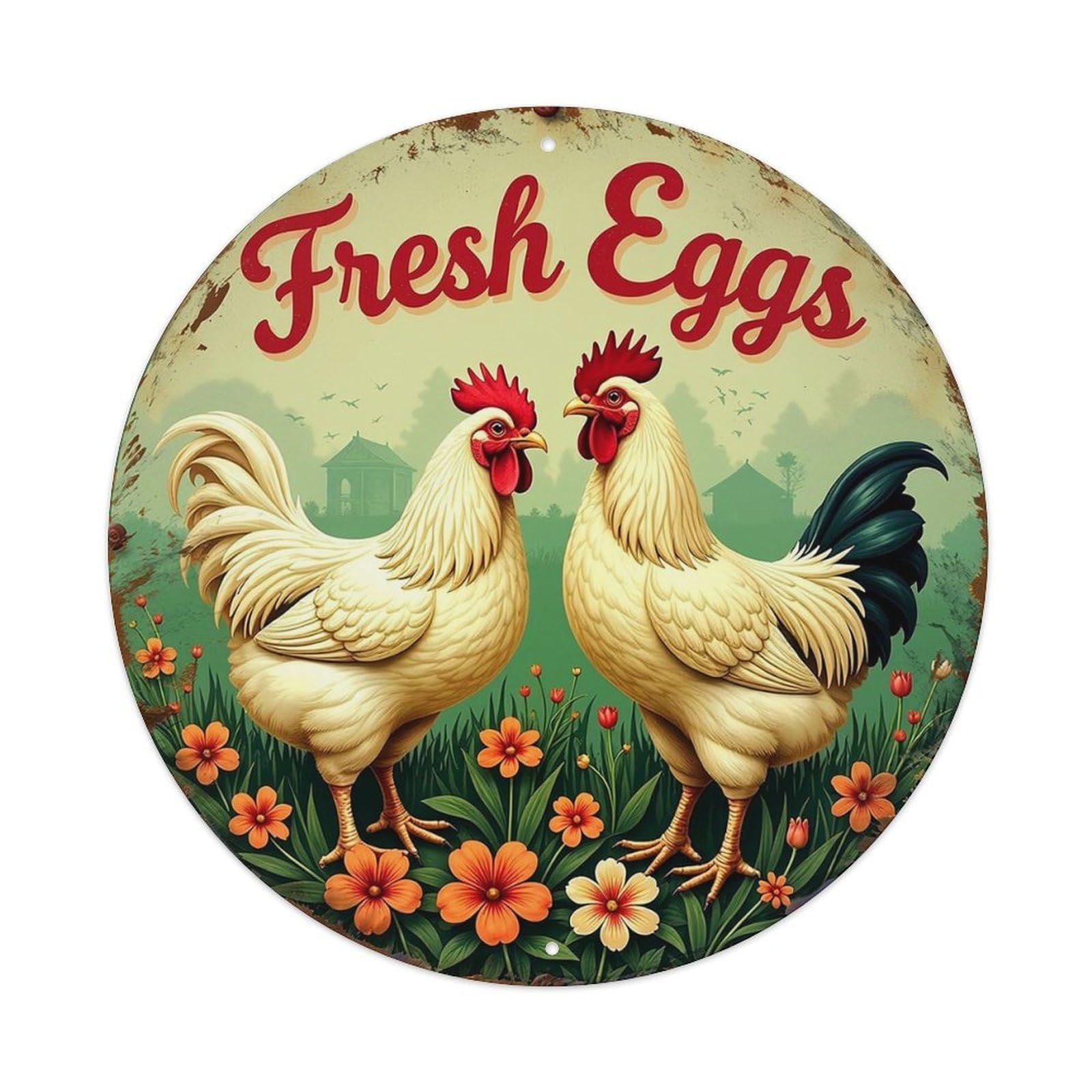 Fresh Eggs Rooster Hen Flowers Tin Sign Metal Poster Vintage Metal Signs for Home Man Cave Bar Cafe Kitchen laundry room Wall Decorations 8x8 inches
