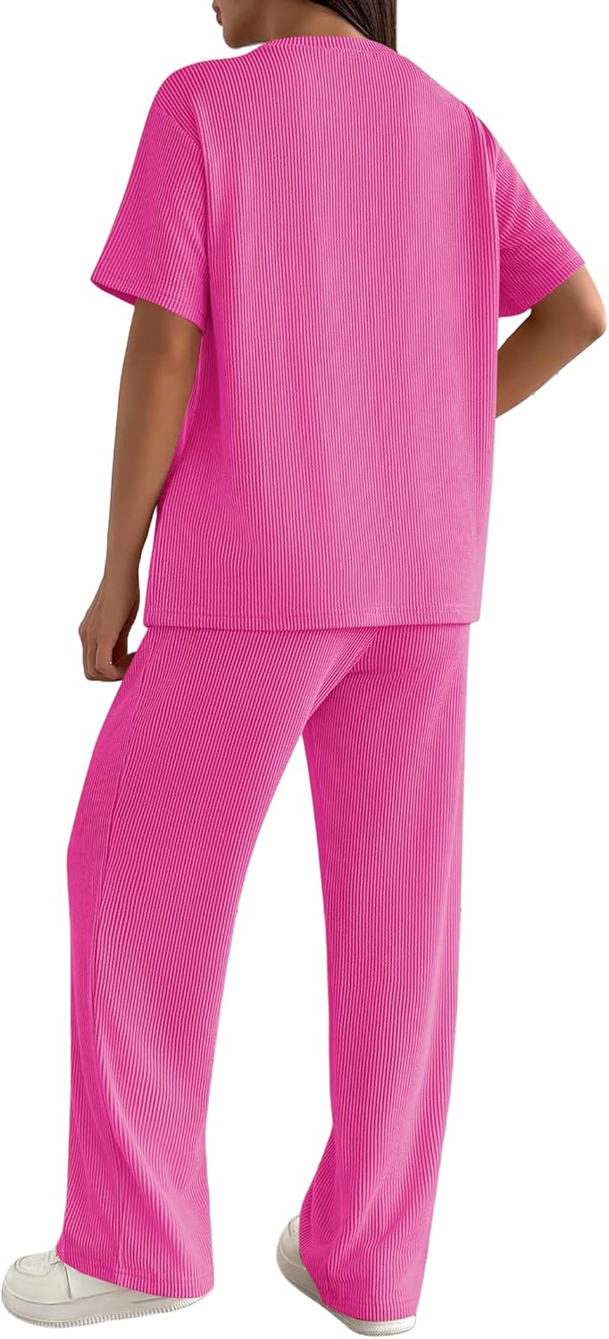 Ekouaer Lounge Sets for Women 2 Piece Matching Travel Outfits 2026 Loose Short Sleeve Top Wide Leg Pants Pockets - Image 4