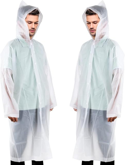 welsberg 2x Raincoat Rain Poncho with Hood and Sleeves Reusable Waterproof Rainwear for Adults Unisex, transparent, one size
