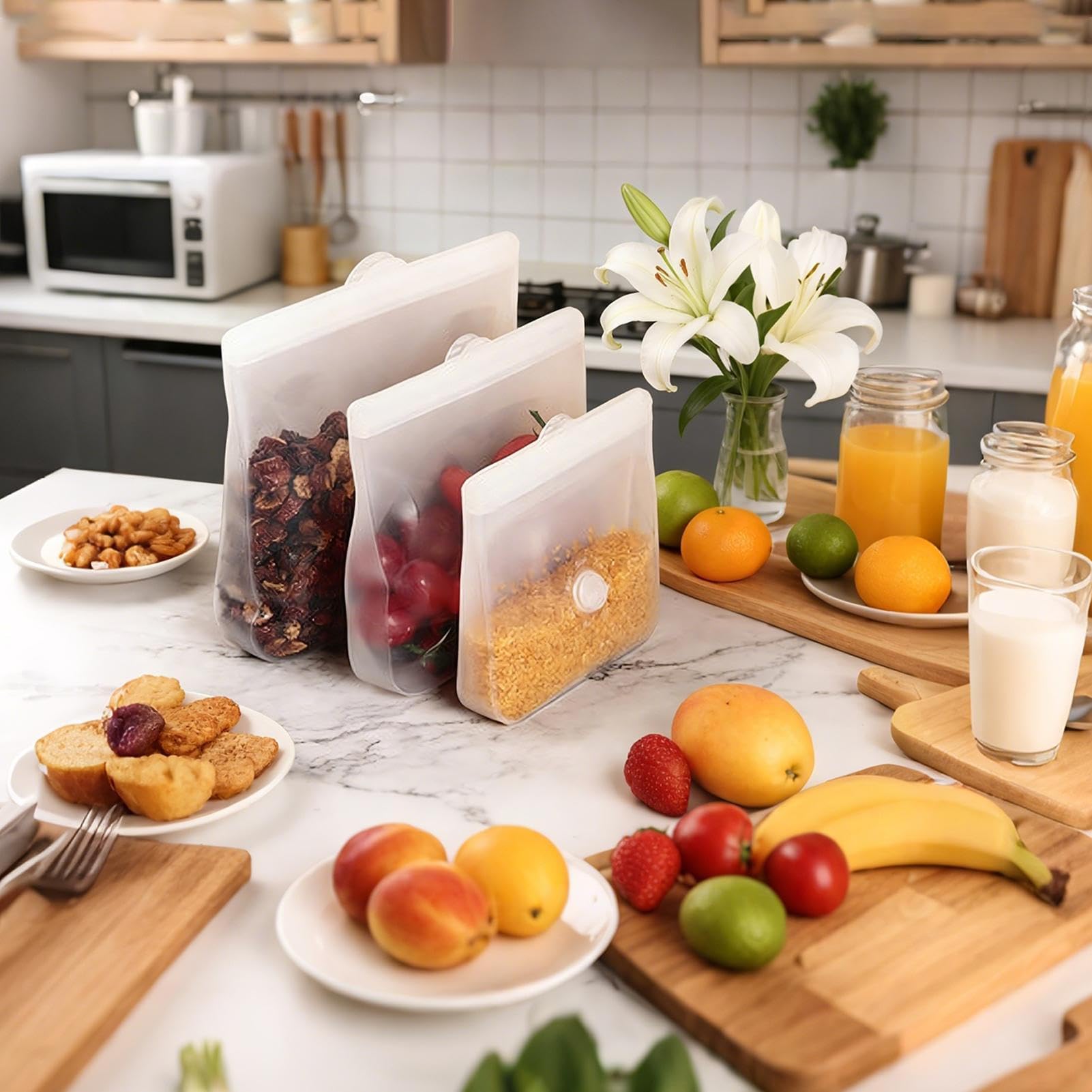 Bolsas Reutilizables para Snacks 3 Recipientes de Silicona para Almuerzo | Bolsas Portátiles para Alimentos Para Loncheras, Viajes, , Preparación de Comidas, Carne, Queso, Verdura y Fruta