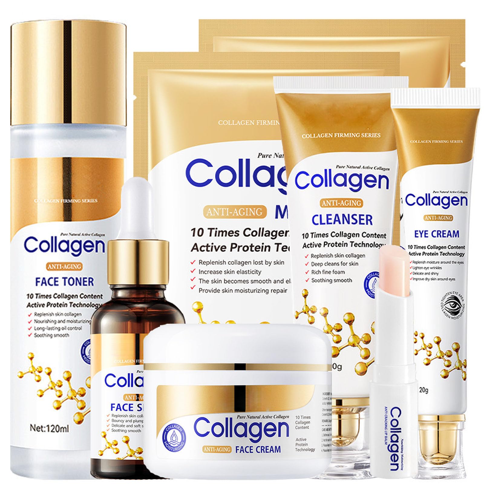 Collagen Skin Care Set, 6-Piece Facial Care Kit with Serum, Creams, Toner and Cleanser