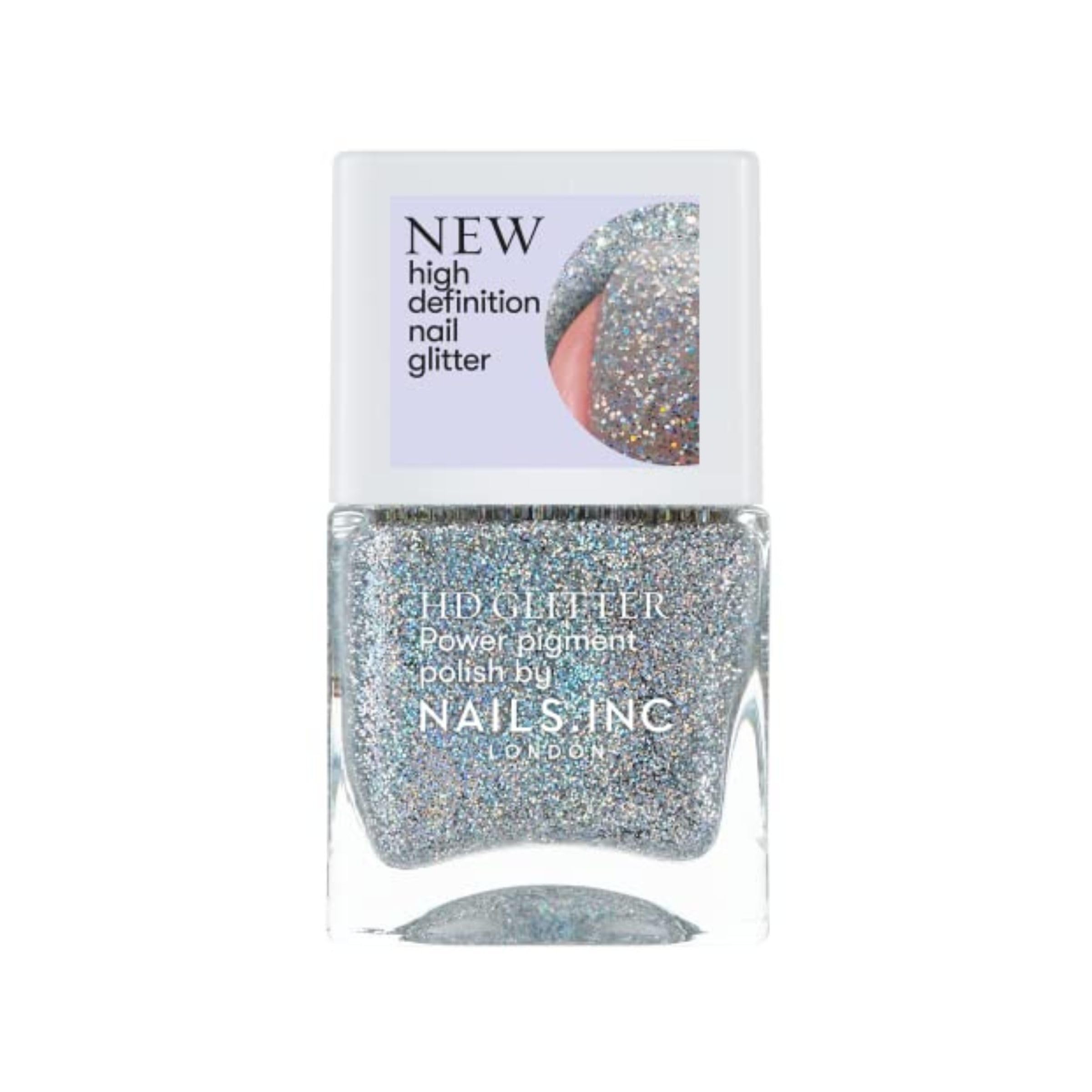 Nails Inc HD Glitter, Ring Light Ready, Silver, Metallic, Glossy, No Chip, Long Lasting, Quick Dry, Air Dry, Professional Manicures & Pedicures, Fingernails & Toenails, Vegan Nail Polish, 14 ML
