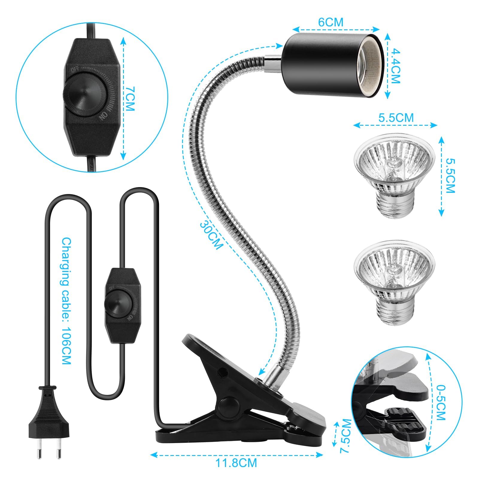 Lampada Tartarughe con 1 Portalampada E27 e 2 50W Lampadine UVA UVB a Punto Basking e Morsetto Girevole a 360° per Rettili, Tartaruga, Serpente, Lucertola, Camaleonte