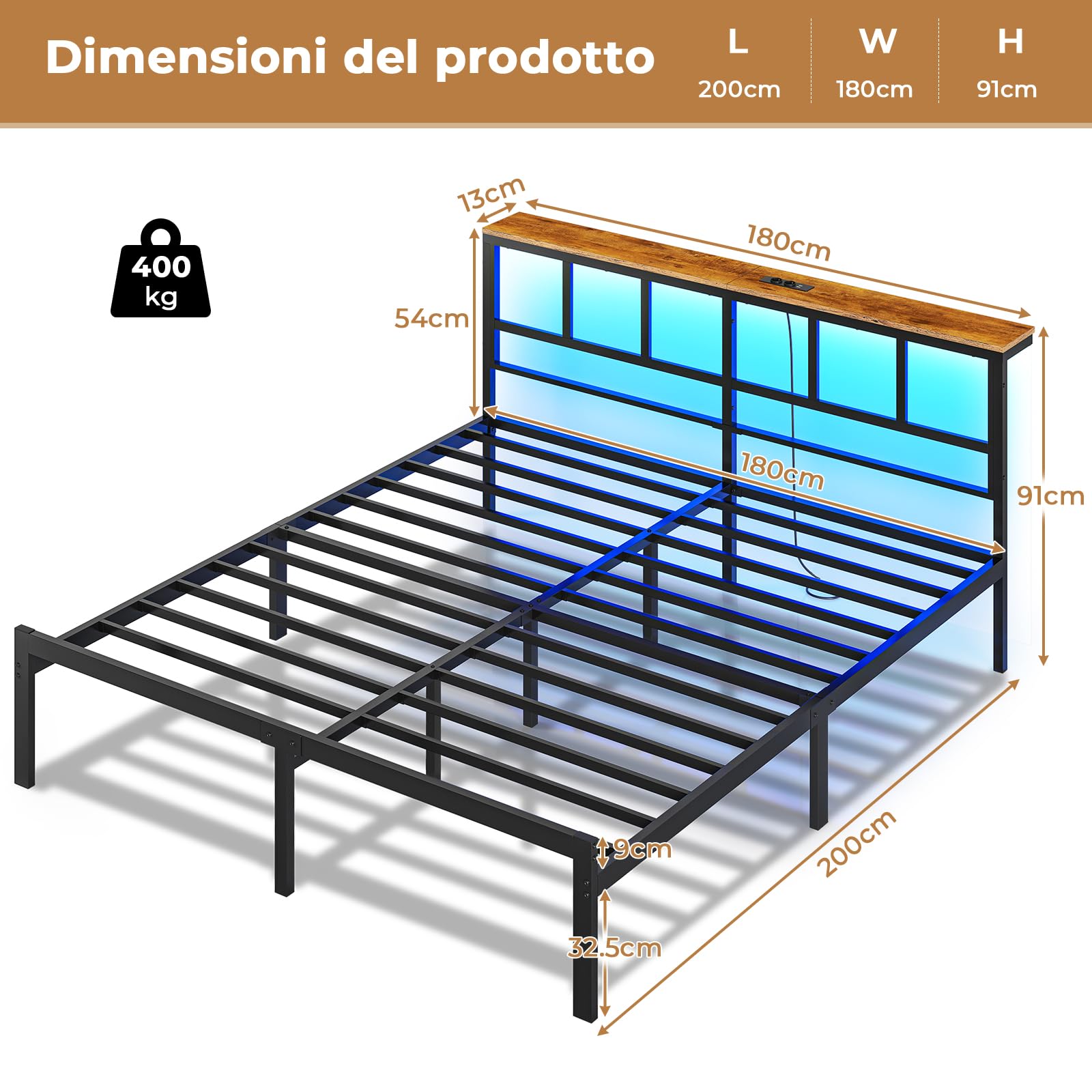 Brinlawb Struttura Letto Matrimoniale 180x200 cm con Luce LED e Stazione di Ricarica (2 Prese CA, 2 Porte USB) Struttura Letto 180x200 cm con struttura in metallo, Forte e stabile, Facile da montare