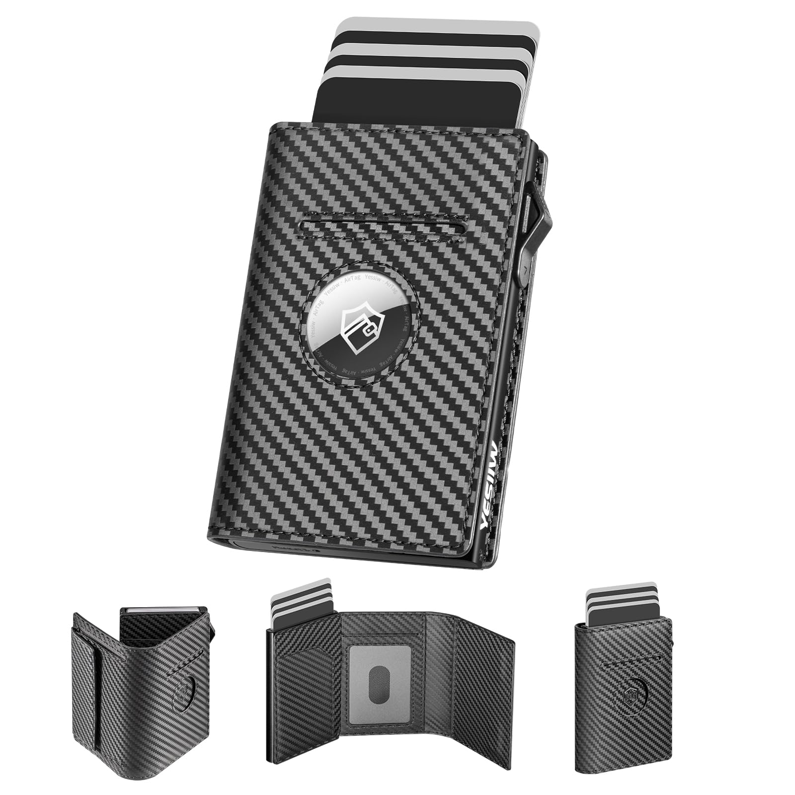 YESIIW Portacarte Airtag con Super Compatto, Pop up Airtag Wallet per 10+ Cartes, 10+ Banconote & Finestra ID, Portafoglio Uomo Airtag con RFID & Chiusura Magnetica (Carbon Nero, XL Portamonete)