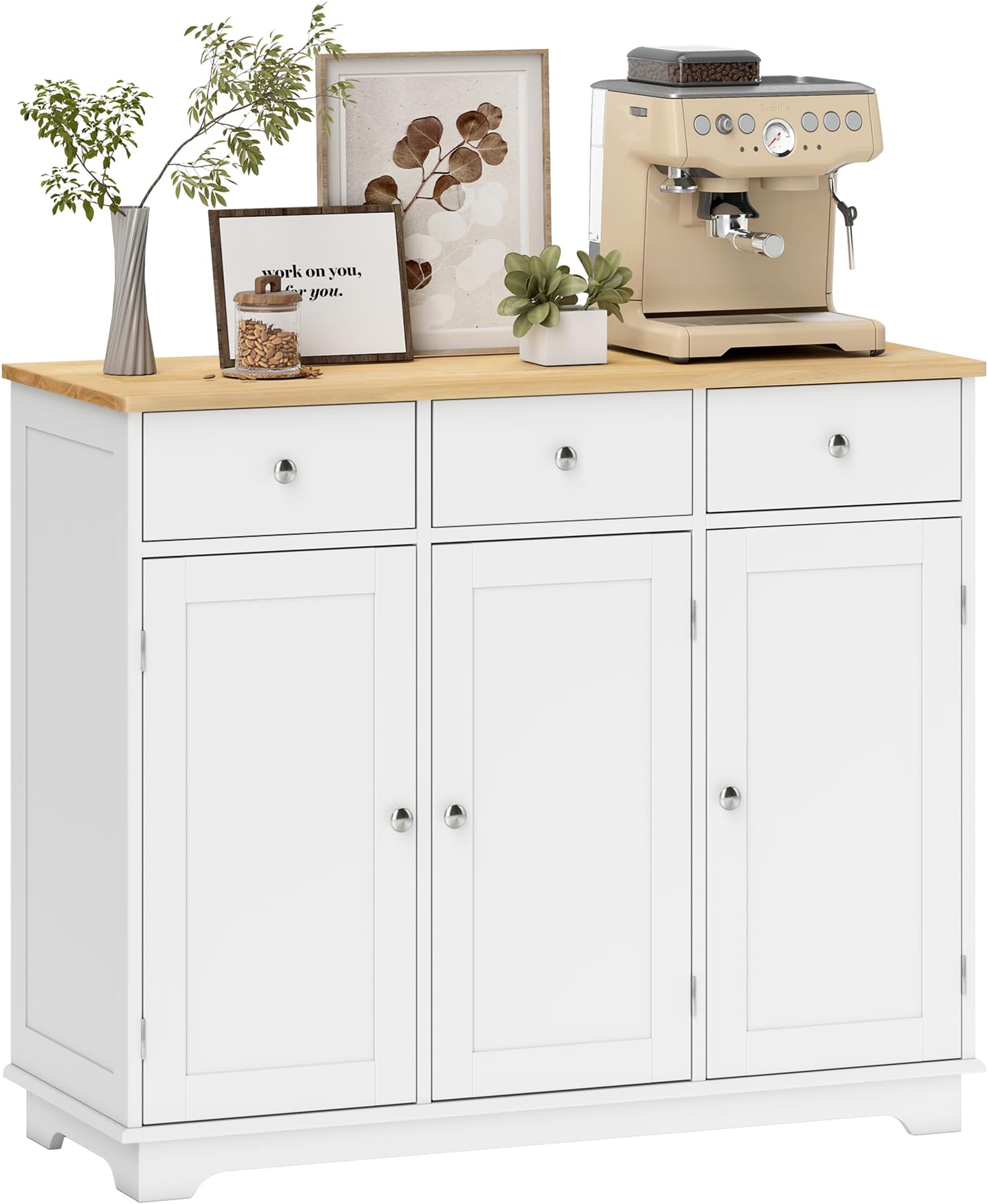 HOMCOM Modern Sideboard with Rubberwood Top, Buffet Cabinet with Storage Cabinets, Drawers and Adjustable Shelves for Living Room, Kitchen, White