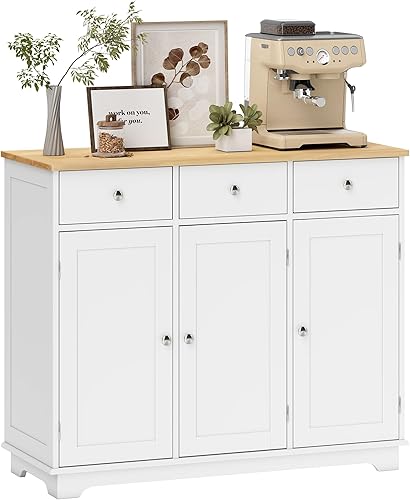 Miniatura 14 de HOMCOM Aparador buffet con encimera de madera maciza, armario de almacenamiento de cocina moderno, armario de café con 2 cajones, puertas y estante