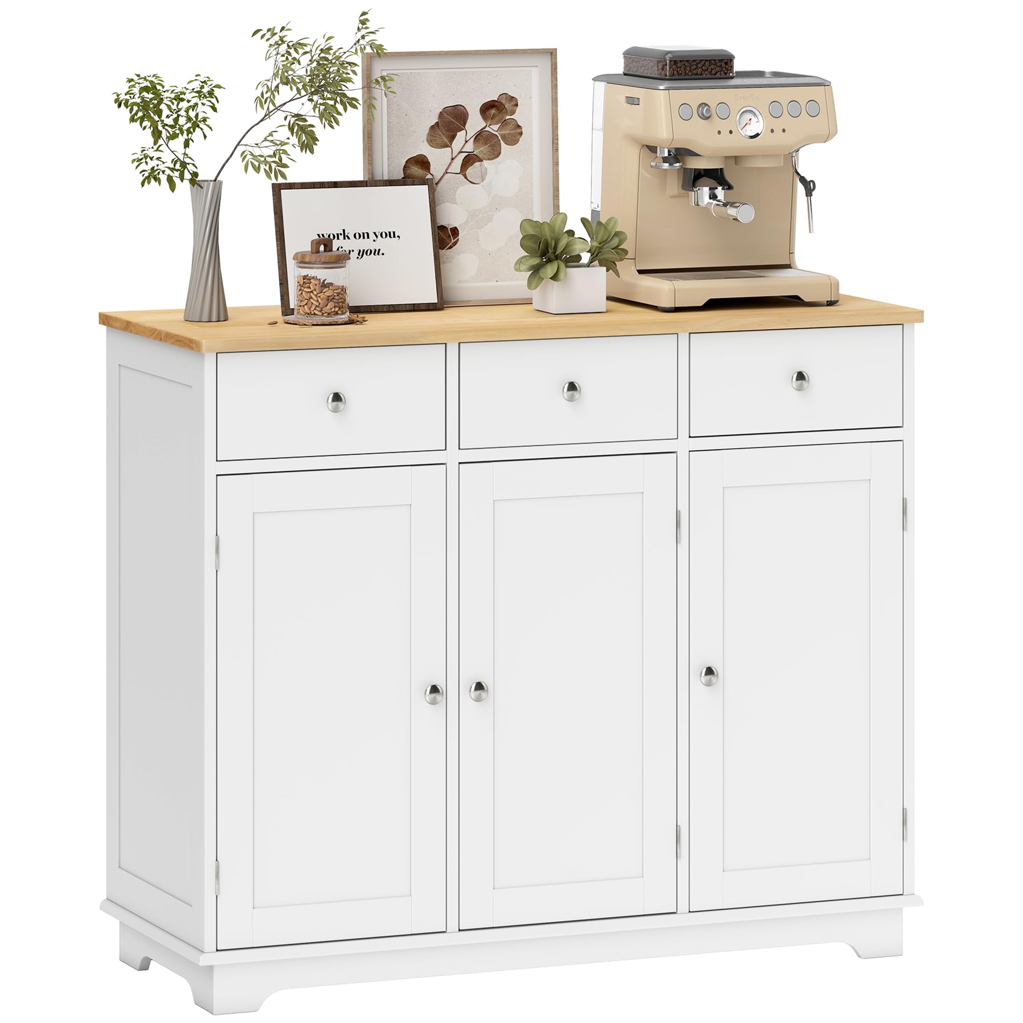 Sponsored Ad – Modern Sideboard with Rubberwood Top, Buffet Cabinet with Storage Cabinets, Drawers and Adjustable Shelves for Living Room, Kitchen, White