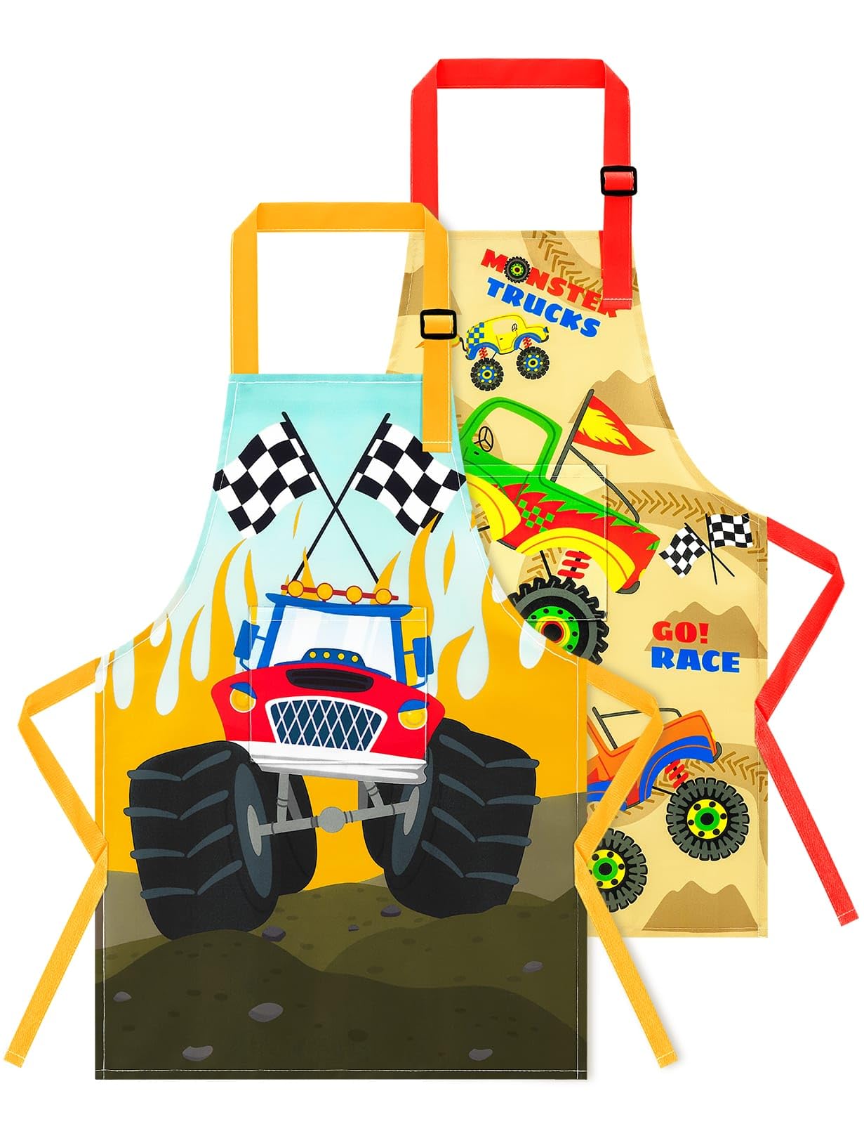 WERNNSAI 2 Pack Kids Aprons for Boys - Monster Truck Art Aprons for Kid Waterproof Toddler Chef Aprons Cooking Baking Painting Gardening Apron for Kids Kitchen Classroom Art Smocks Age 2-5 Years