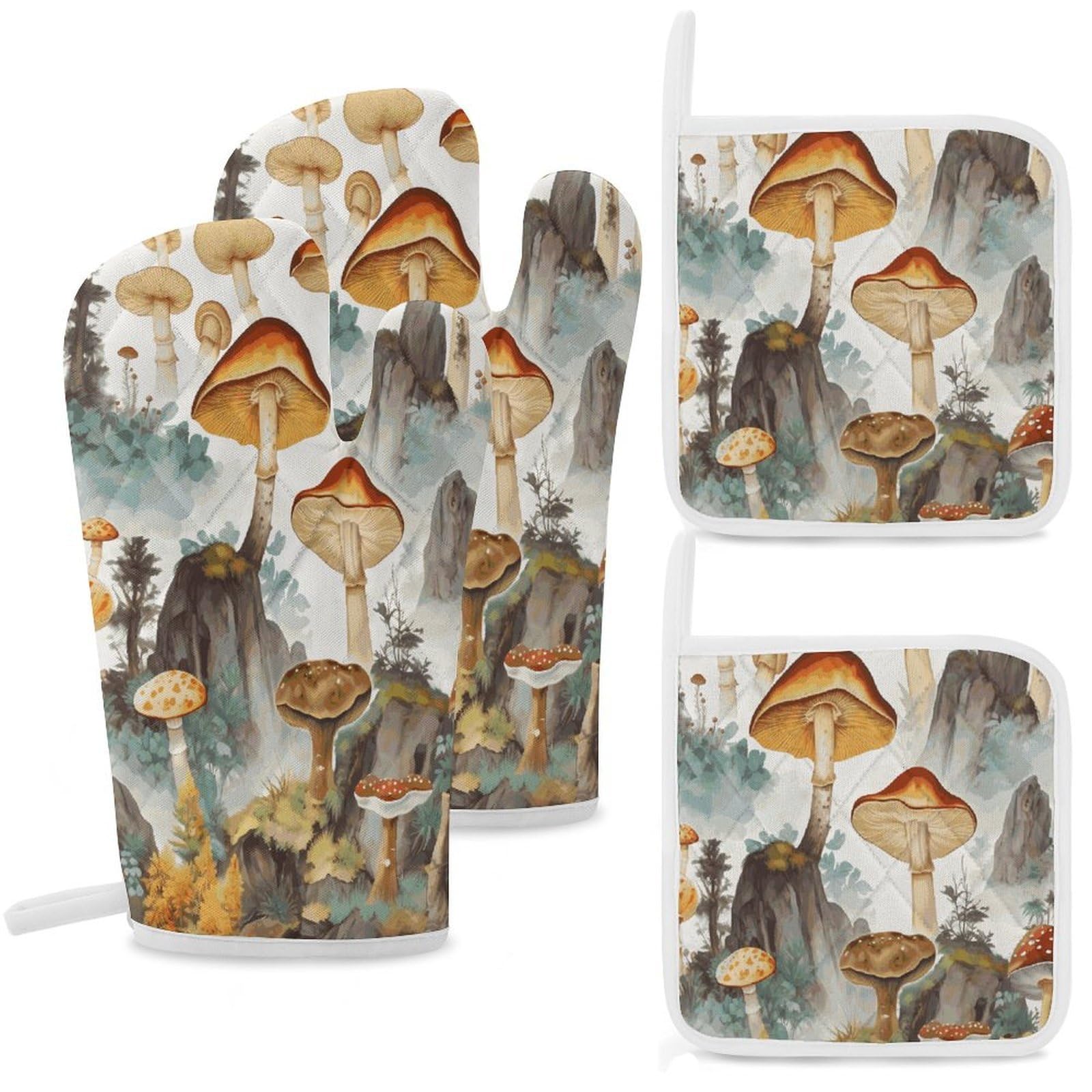 Fekiloot Style Japanese Painting Mushroom Oven Mitts And Pot Holders 4-Piece Set, Kitchen Oven Glove With Hanging Loop, Bbq Gloves For Cooking Baking Grilling