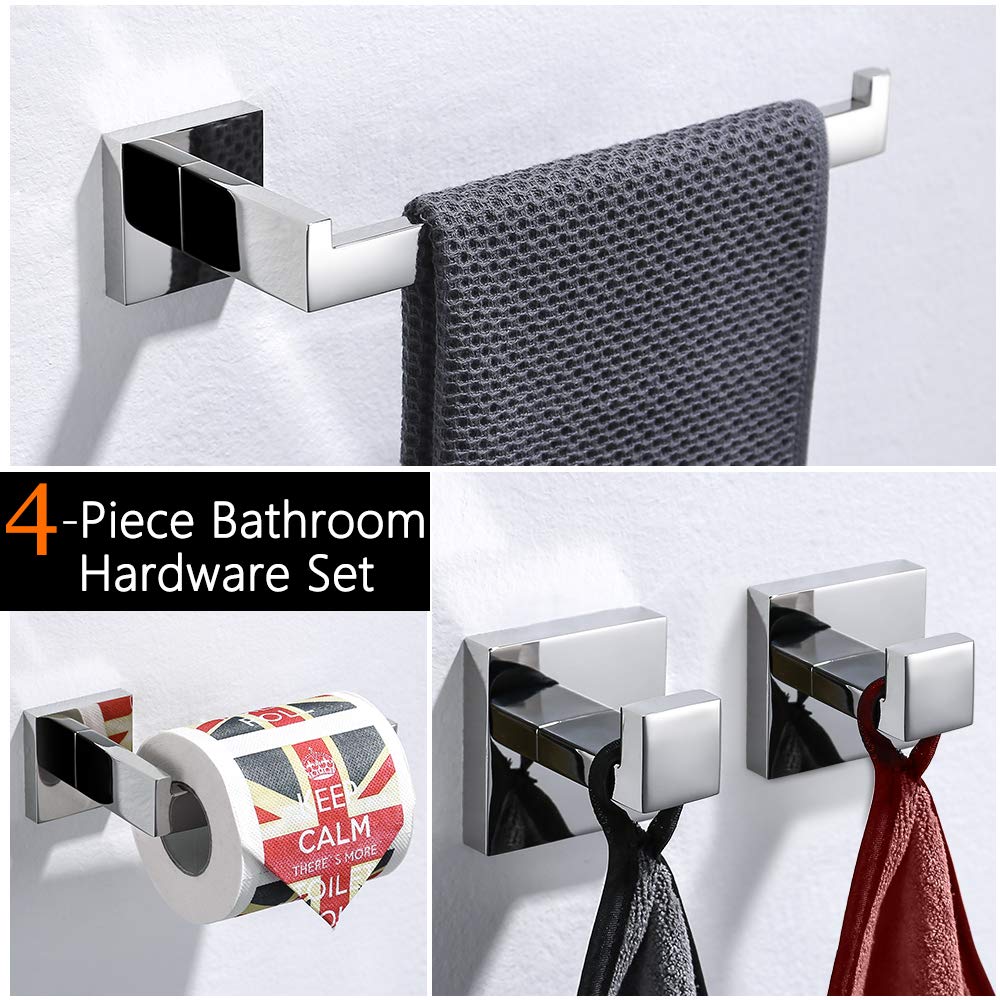 TURS 4 Piezas Baño Accesorio Conjunto de Acero Inoxidable Papel Higiénico Soporte de Papel Higiénico Barra de Toalla/Soporte Robe Gancho Montaje en Pared, Acabado Pulido, Q7X4-P
