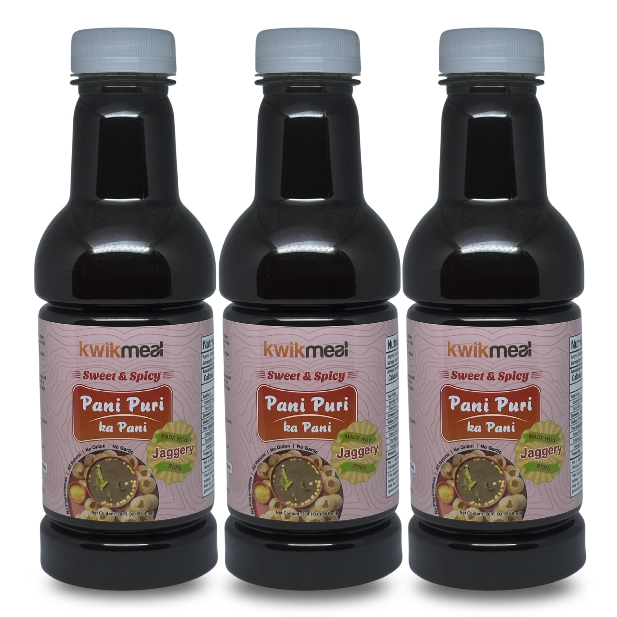 KwikMeal Ready-to-Serve Delicious Pani Puri Ka Pani – Sweet & Spicy | Authentic Street-Style Golgappa Water | Instant Pani for Puchka, Pani Puri & Gupchup | 3 PET Bottles (20 FL Oz Each) | No Onion & Garlic