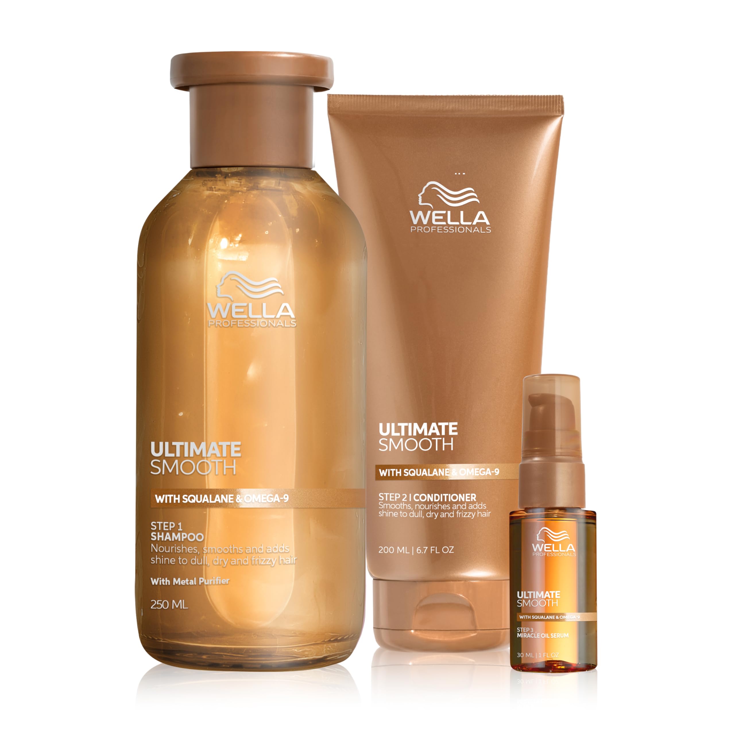 Wella Professionals - Pack Ultimate Smooth - Shampoing (250ml) + après-shampoing (200ml) + sérum Huile Miracle (30ml) nourrissant pour cheveux secs, ternes ou frisés