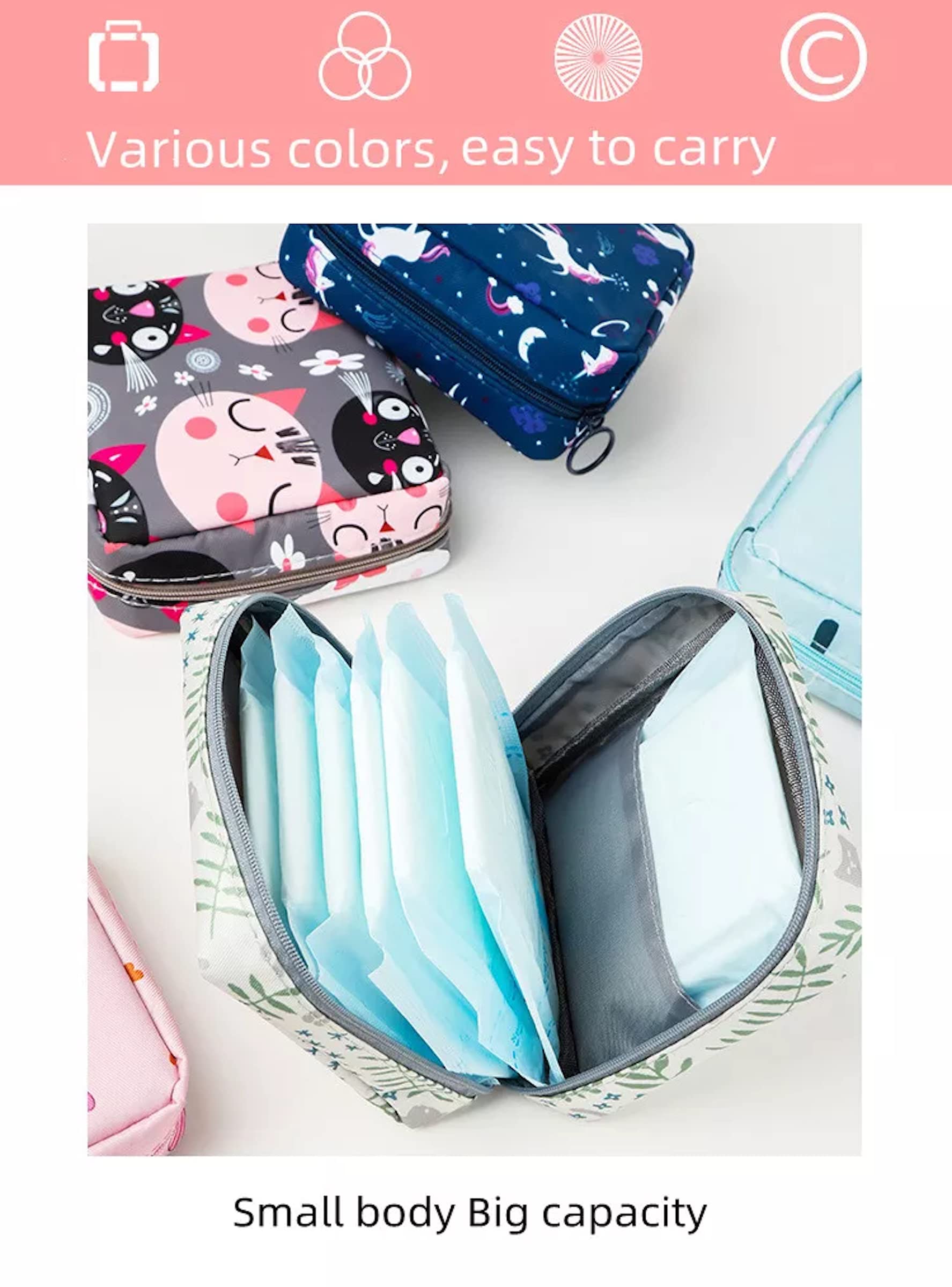 Adorable Pink Peri - Wiederverwendbare Damenbinden, Aufbewahrungstasche, tragbar für Frauen und Mädchen | aus Nylon + wasserabweisend + wiederverwendbar | Zero Waste Period (Cat 1)