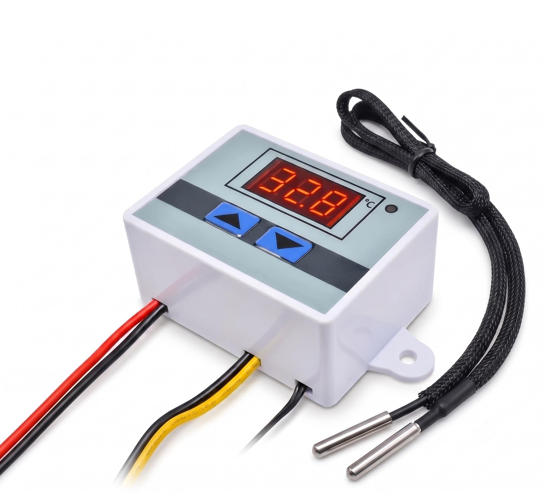 tech inspire xh-w3001 digital temperature controller microcomputer thermostat switch with waterproof ntc sensor probe (1m cable) for egg incubator, aquarium, greenhouse, cooling & heating control