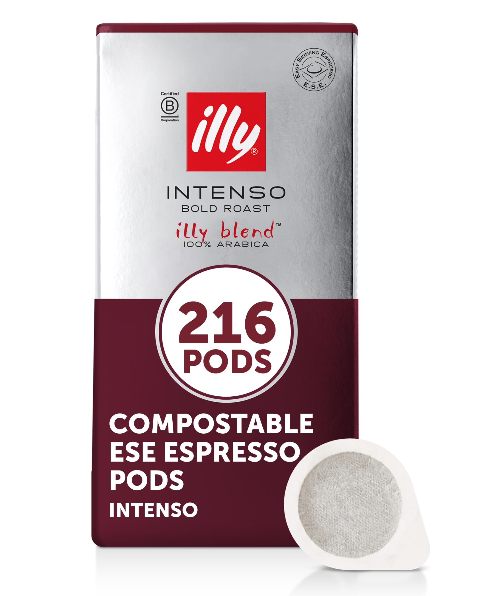 illy, Kaffee in E.S.E-Kaffeepads Geröstetes INTENSO, 100% Arabica mit Noten von Kakao und getrockneten Früchten, Voller und kräftiger Abgang, 12 Packungen mit 18 kompostierbaren Pads