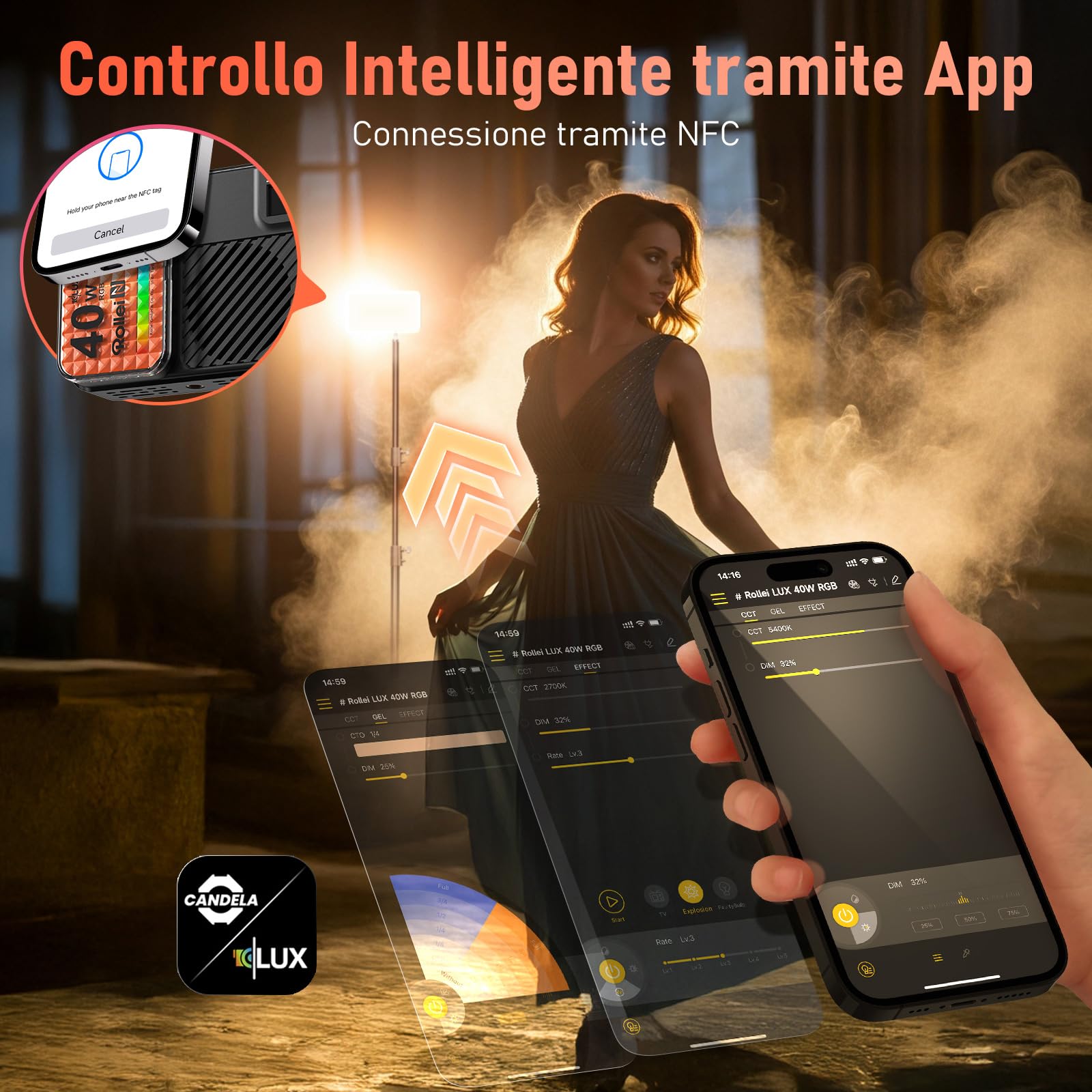 Rollei LUX Compact 40W RGB Faretto Fotografia, Luce Macchina Fotografica Portatile 282 g con Batteria Integrata Ricarica di Tipo C Controllo delle App Candela, Luci-Fotografia-Faretto-Video-Fotocamera